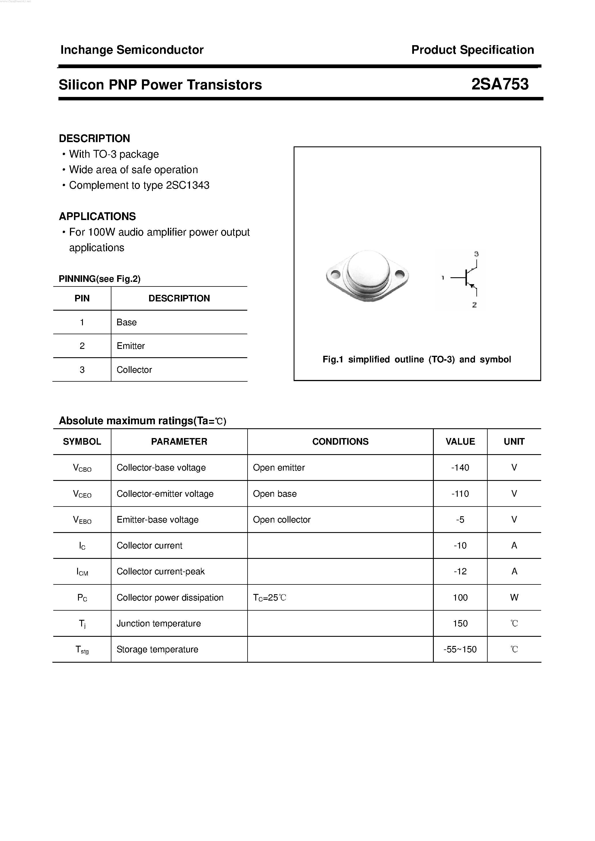Datasheet 2SA753 page 1 Datasheet 2SA753 - POWER TRANSISTOR page 1