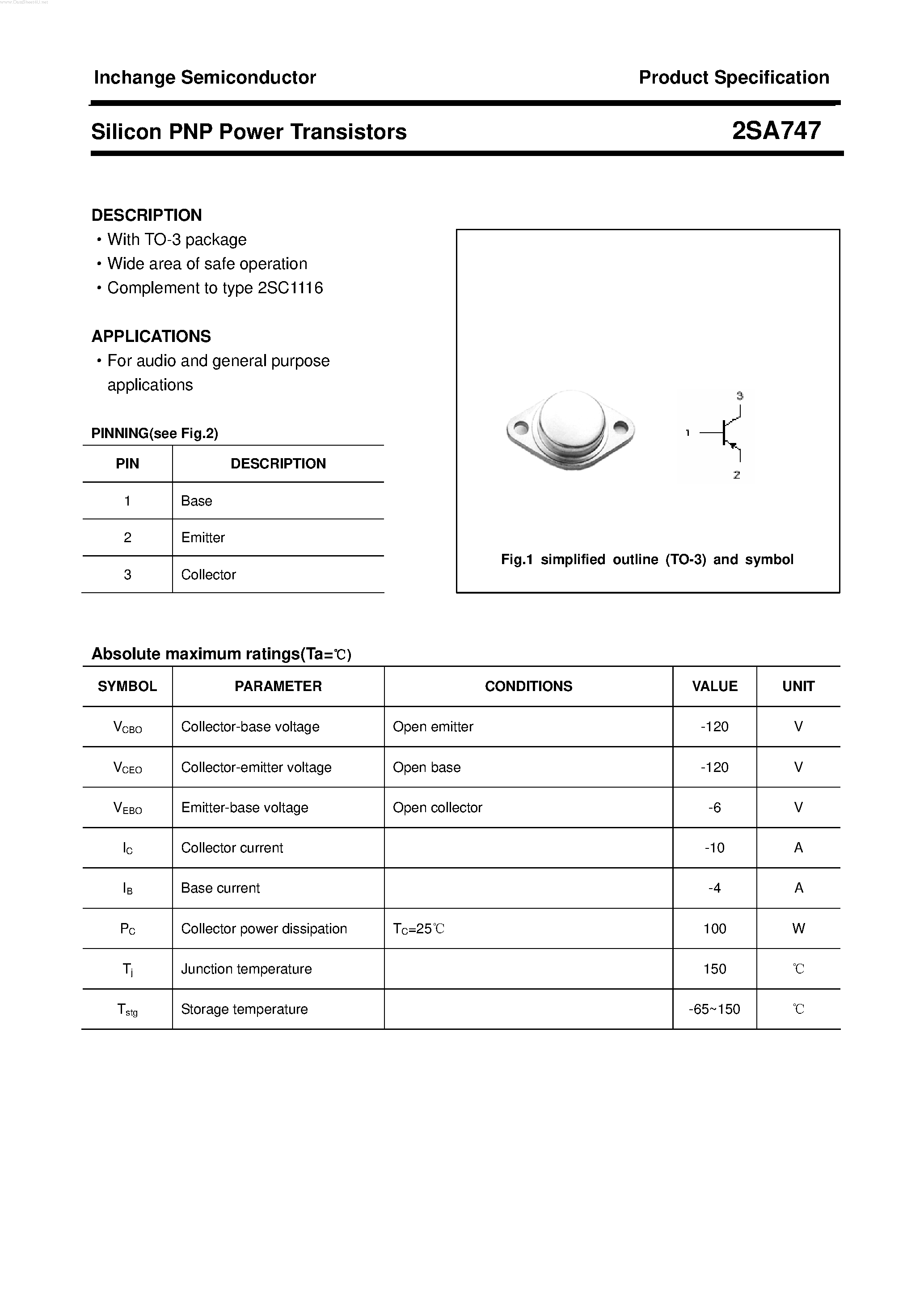 Datasheet 2SA747 page 1 Datasheet 2SA747 - POWER TRANSISTOR page 1