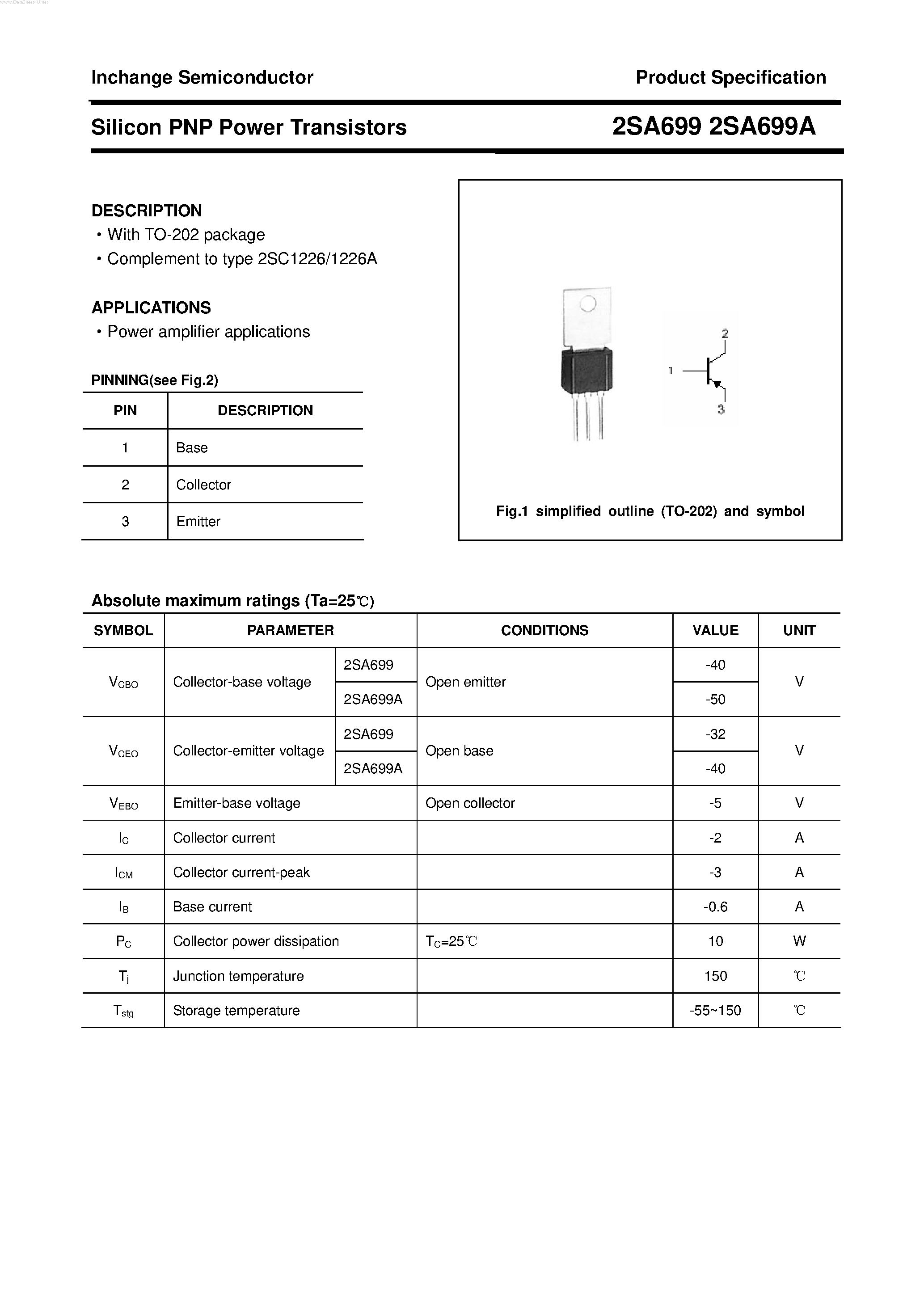 Datasheet 2SA699A - POWER TRANSISTOR page 1