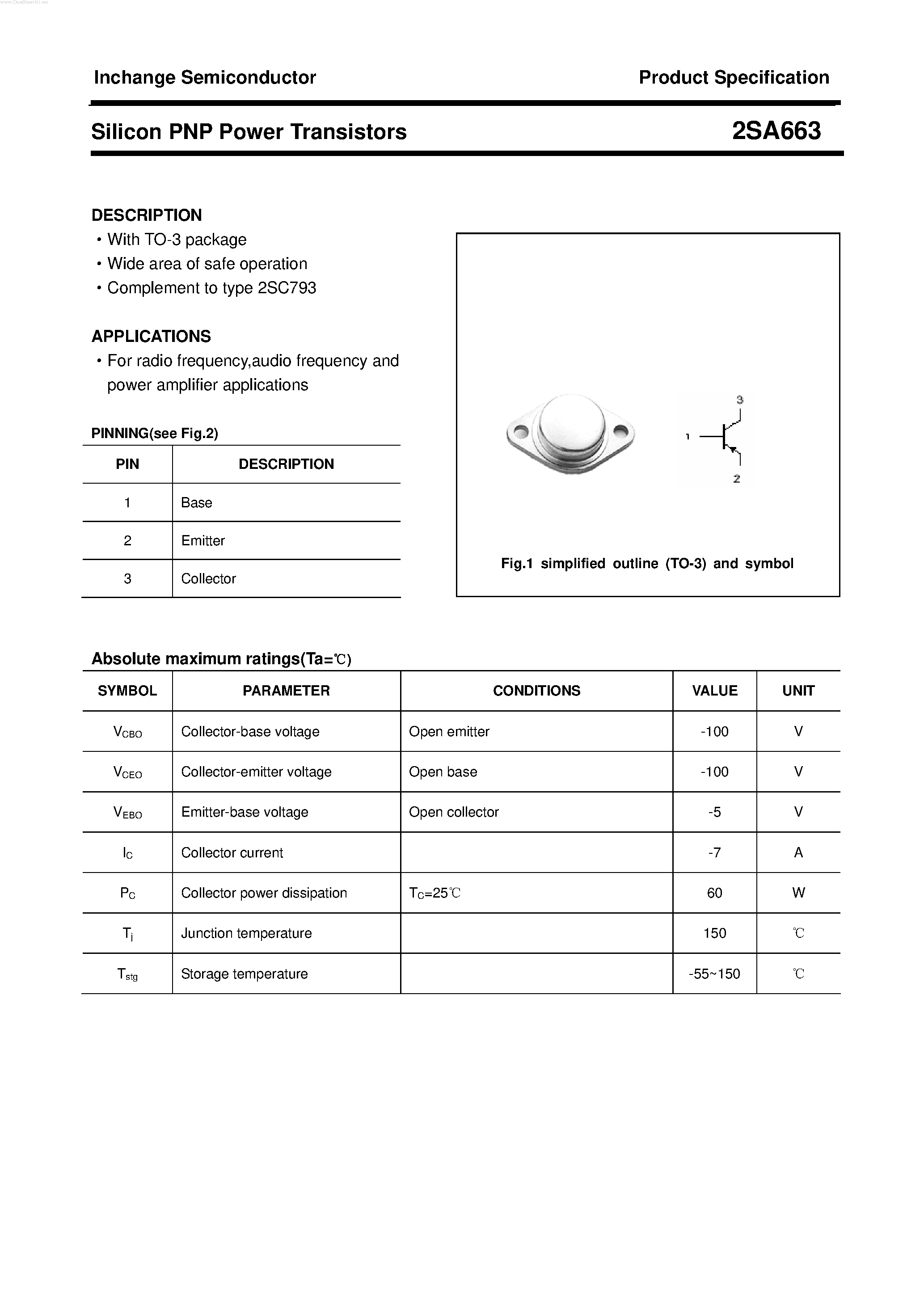 Datasheet 2SA663 - POWER TRANSISTOR page 1