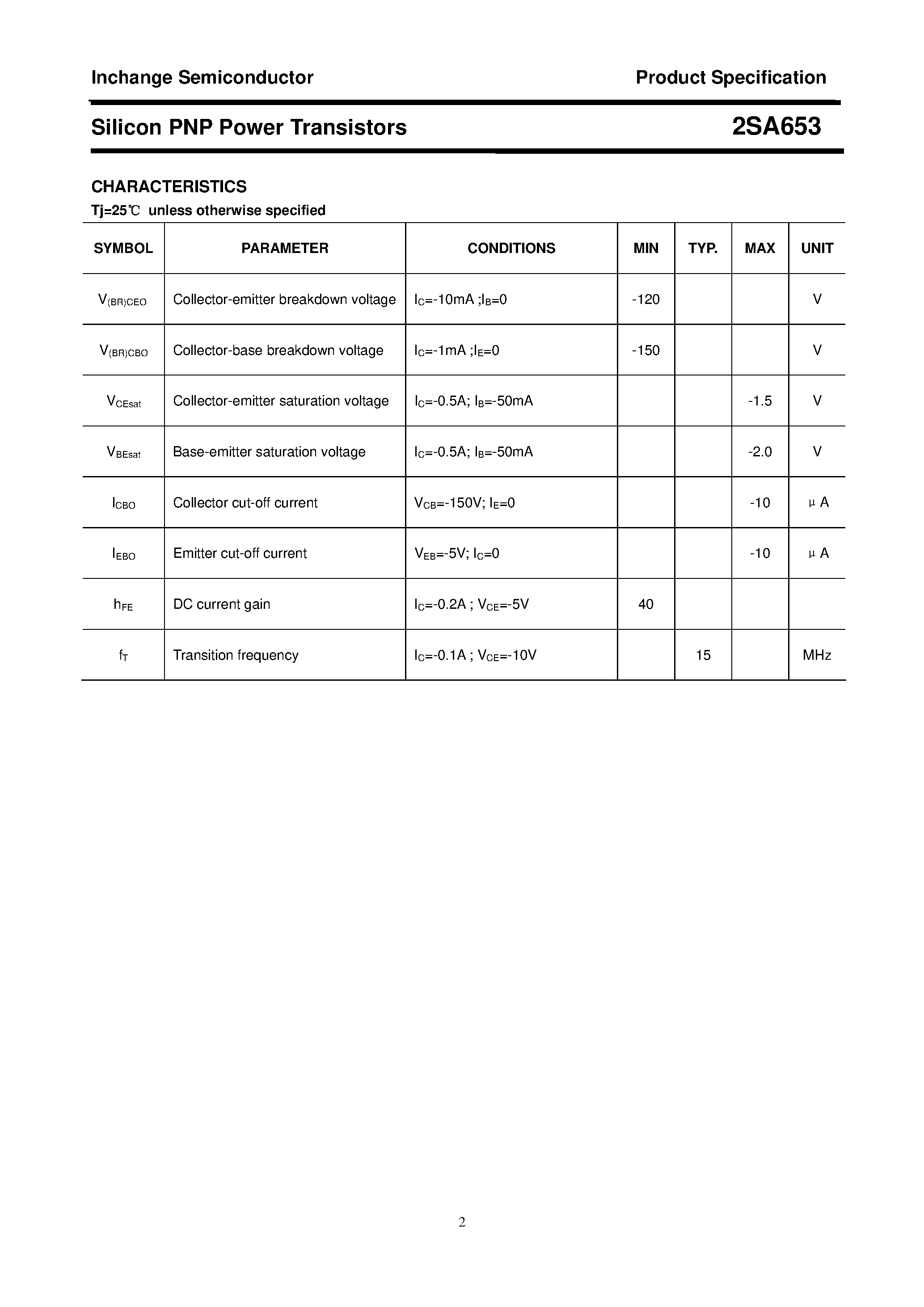 Datasheet 2SA653 - POWER TRANSISTOR page 2