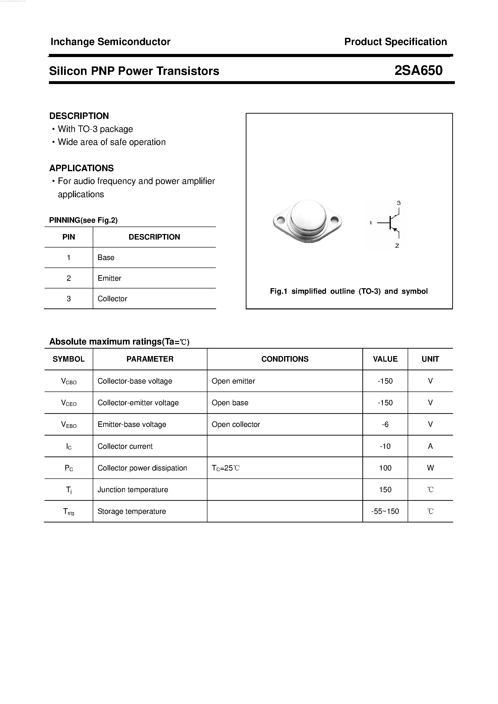 Datasheet 2SA650 page 1 Datasheet 2SA650 - POWER TRANSISTOR page 1