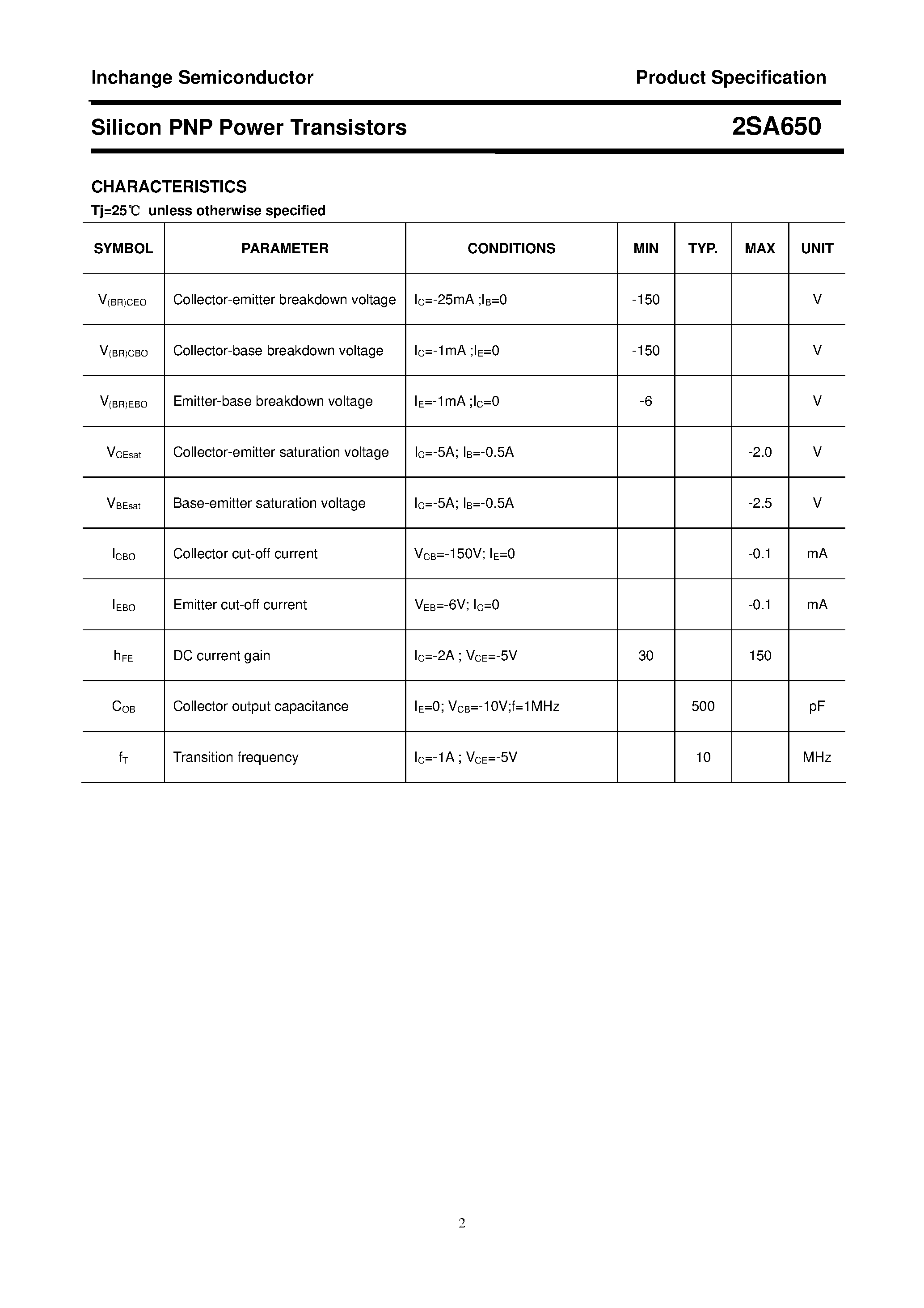 Datasheet 2SA650 page 2 Datasheet 2SA650 - POWER TRANSISTOR page 2