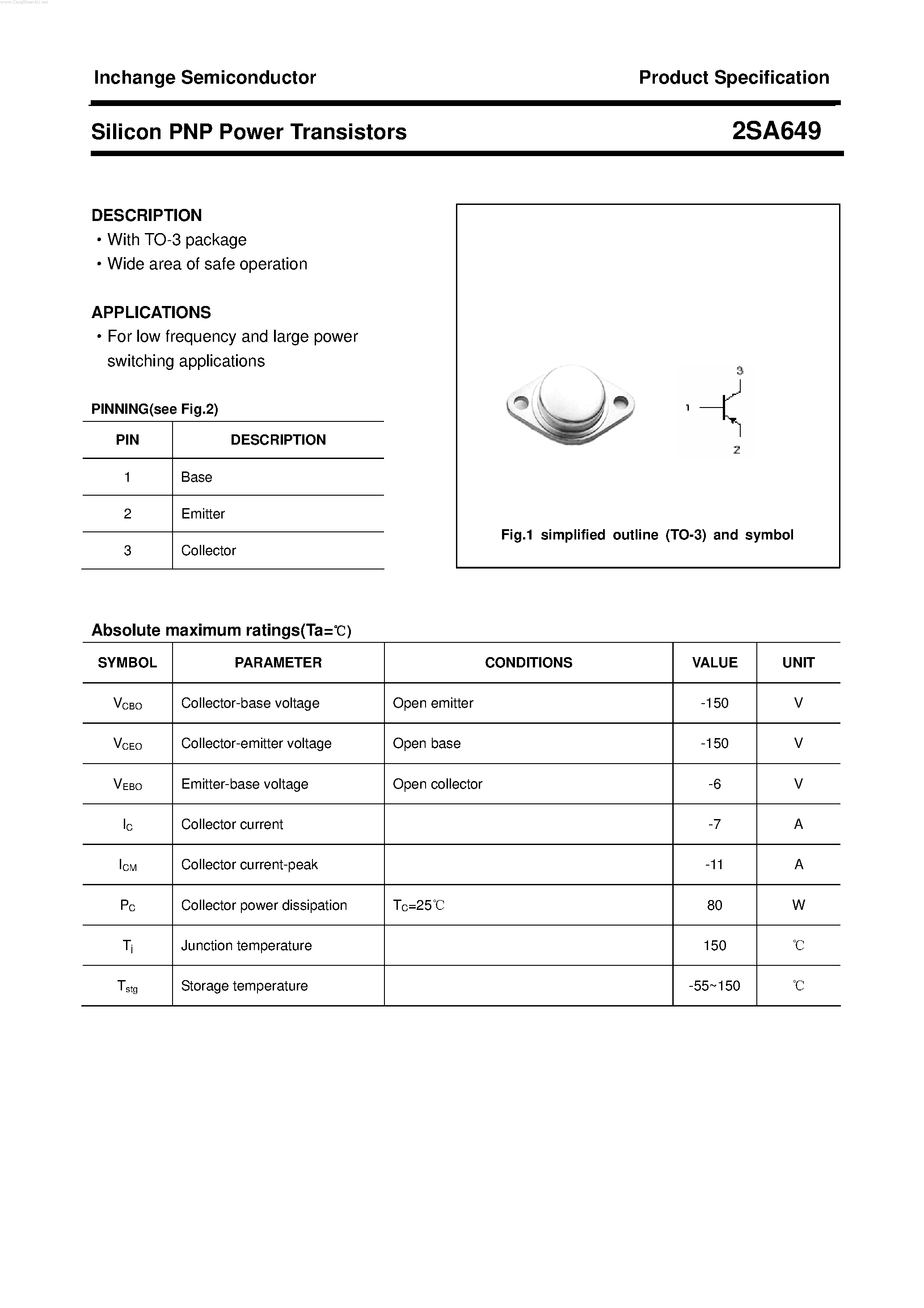 Datasheet 2SA649 page 1 Datasheet 2SA649 - POWER TRANSISTOR page 1