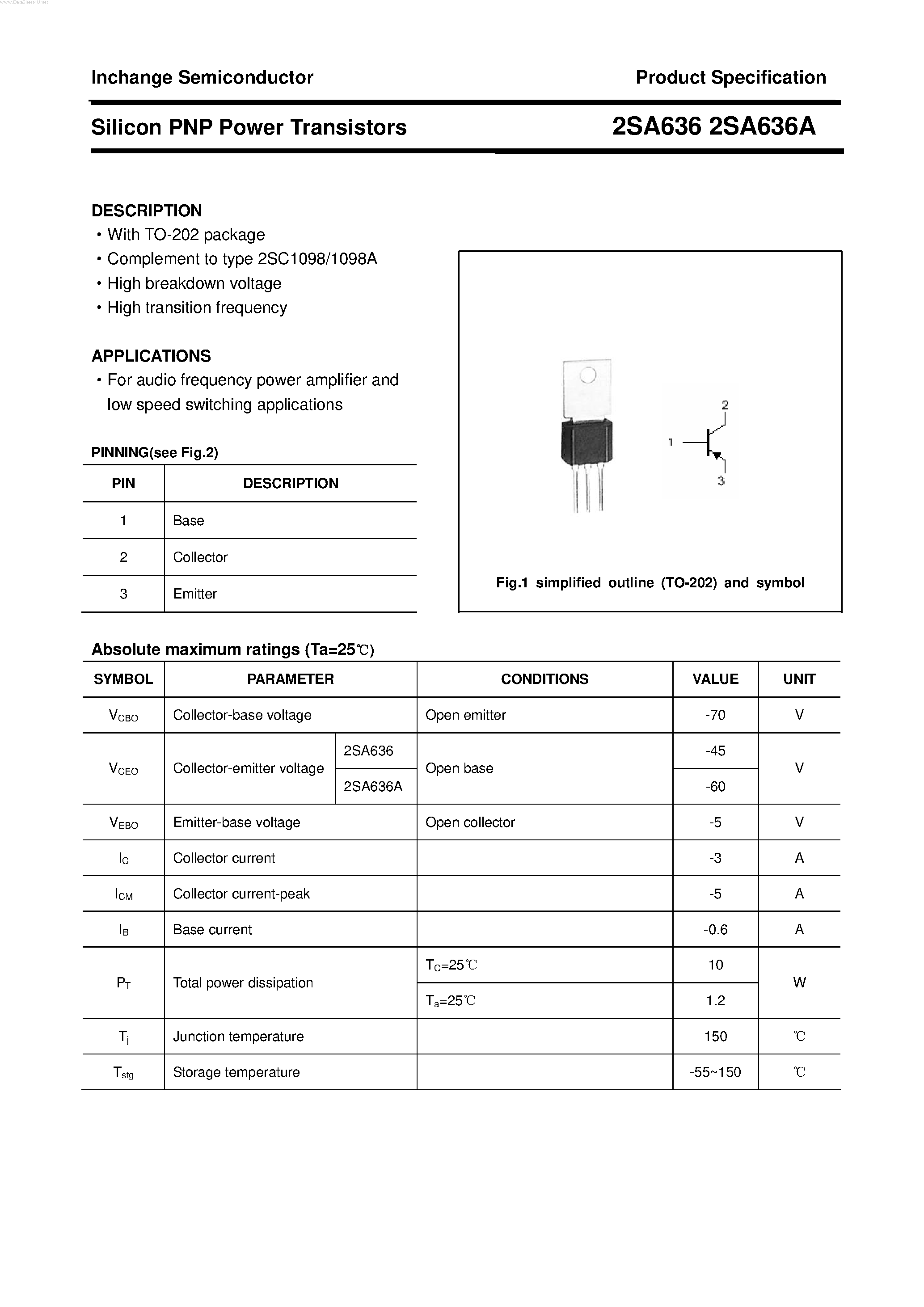 Datasheet 2SA636 page 1 Datasheet 2SA636 - POWER TRANSISTOR page 1