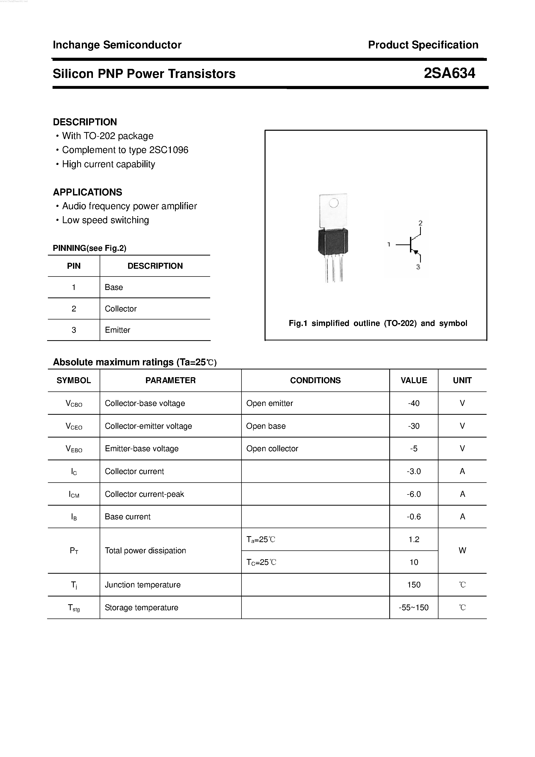 Datasheet 2SA634 page 1 Datasheet 2SA634 - POWER TRANSISTOR page 1