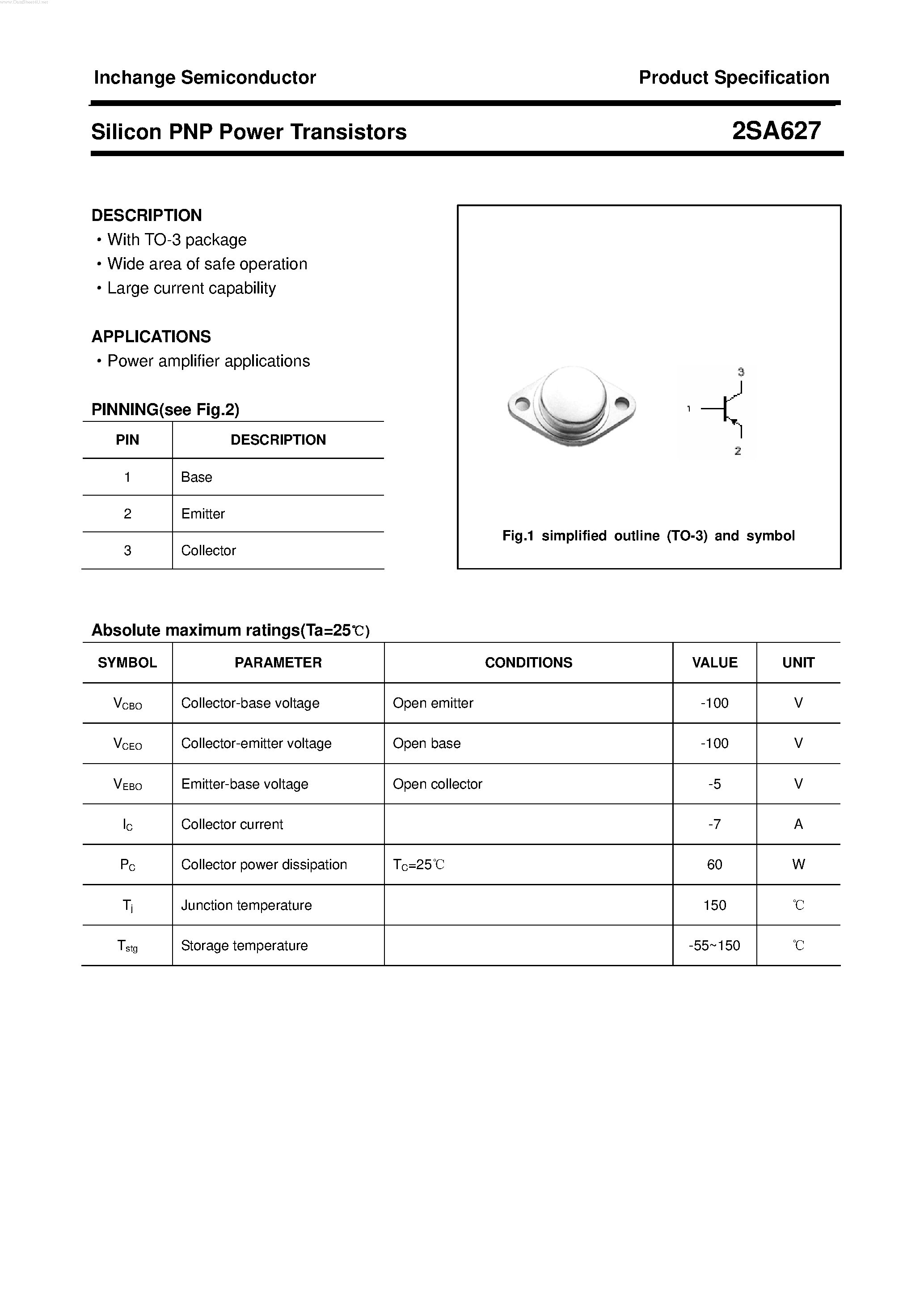 Datasheet 2SA627 page 1 Datasheet 2SA627 - POWER TRANSISTOR page 1