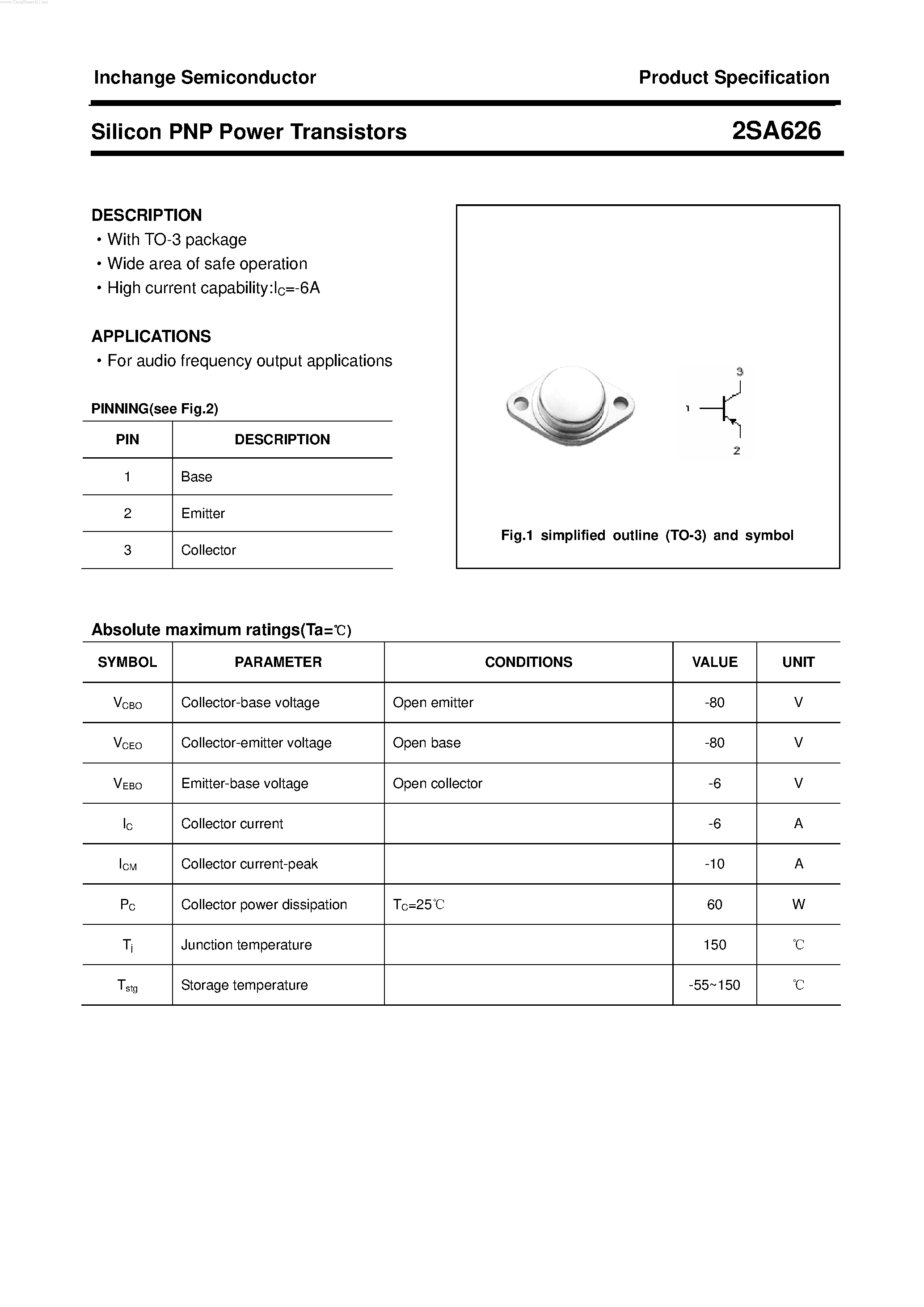Datasheet 2SA626 page 1 Datasheet 2SA626 - POWER TRANSISTOR page 1