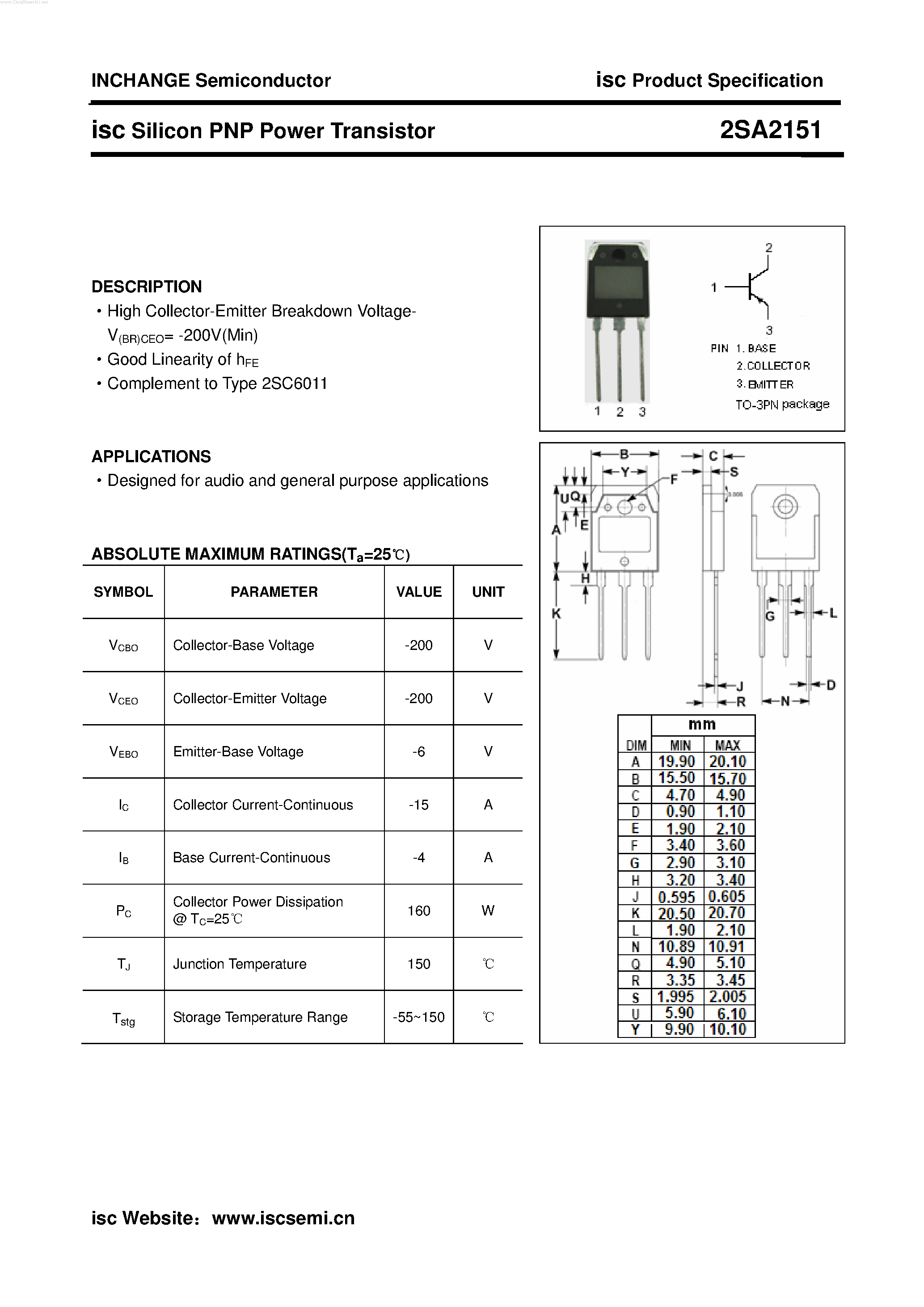 Datasheet 2SA2151 page 1 Datasheet 2SA2151 - POWER TRANSISTOR page 1
