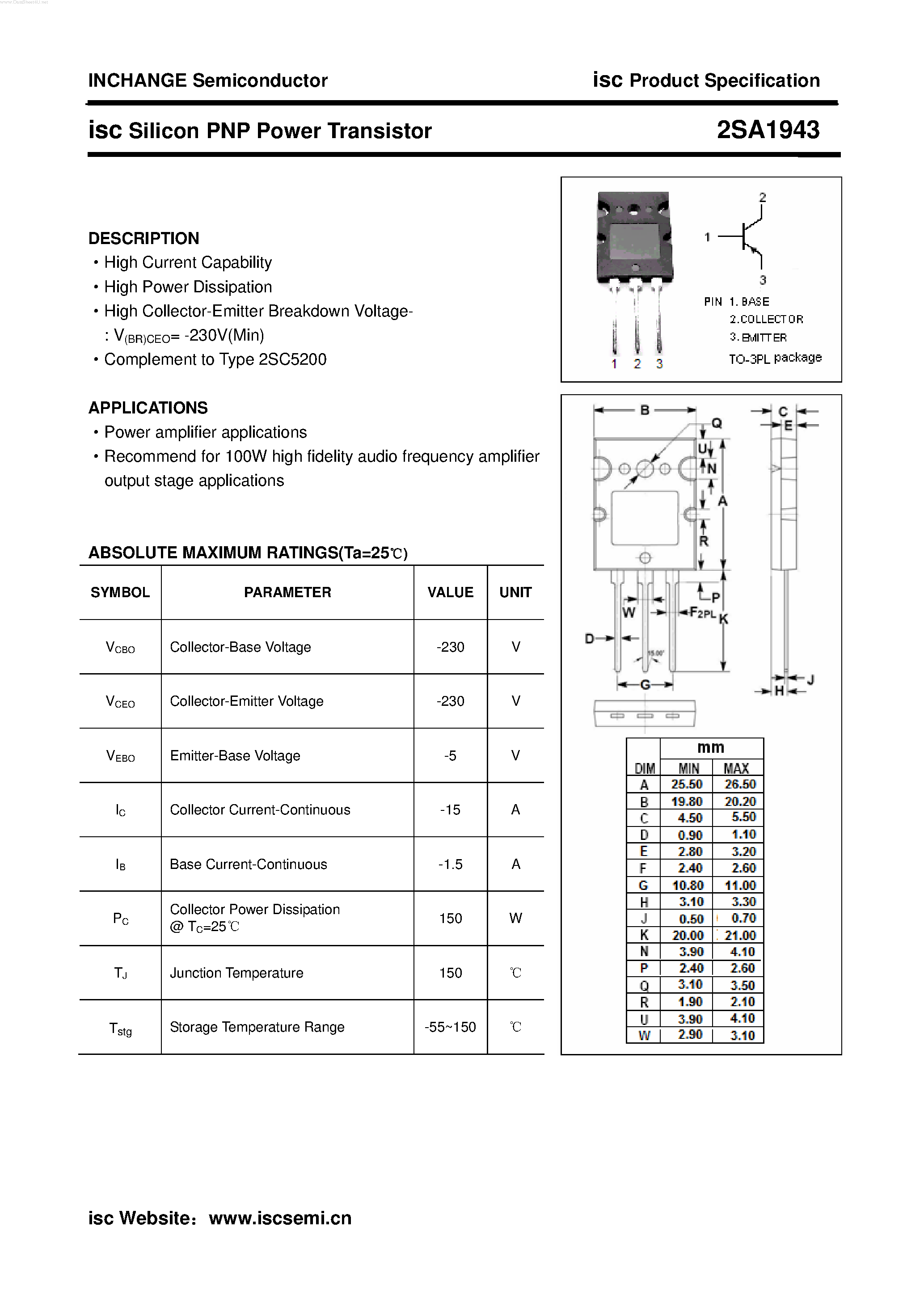 Datasheet 2SA1943 page 1 Datasheet 2SA1943 - POWER TRANSISTOR page 1