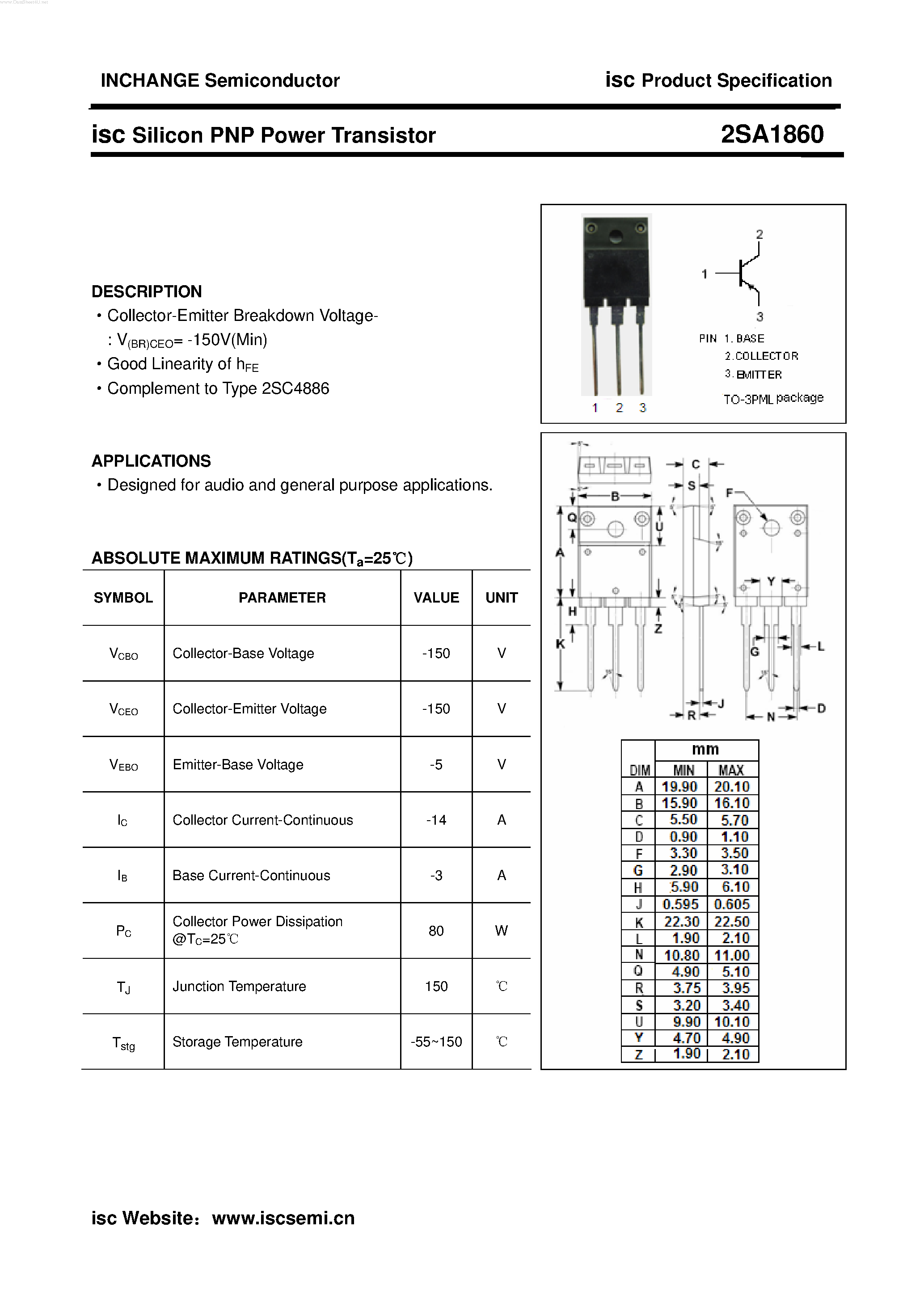 Datasheet 2SA1860 - POWER TRANSISTOR page 1