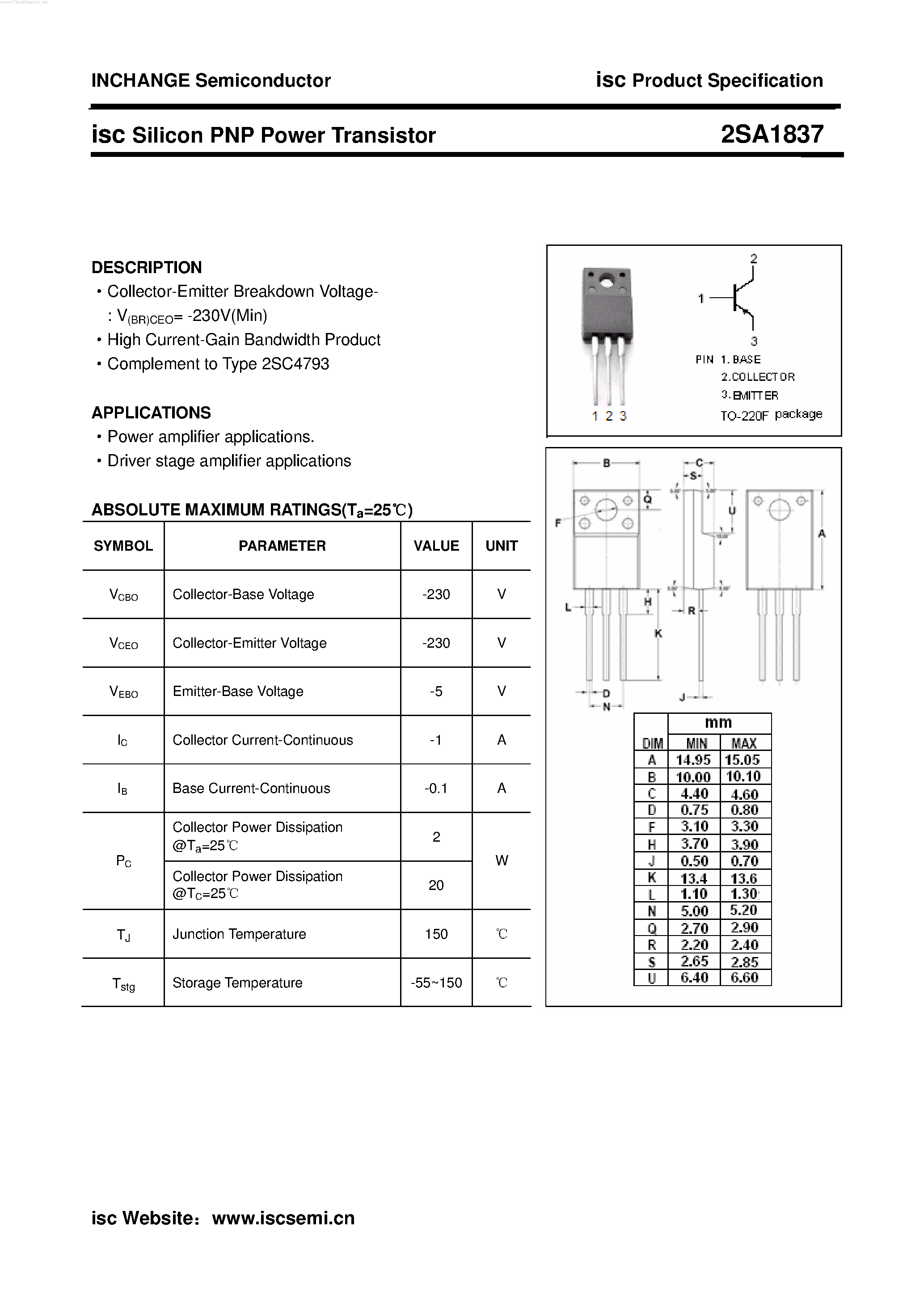 Datasheet 2SA1837 - POWER TRANSISTOR page 1