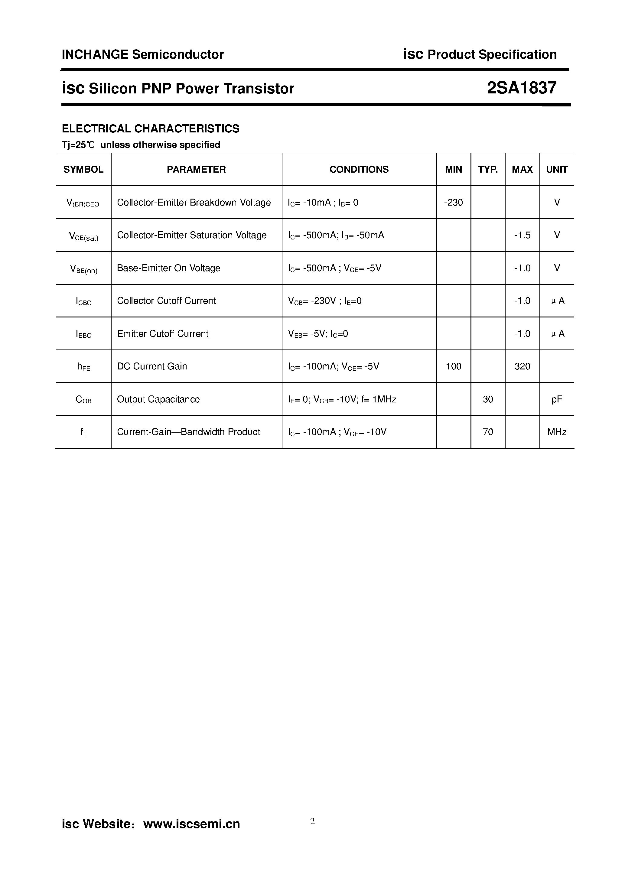 Datasheet 2SA1837 - POWER TRANSISTOR page 2