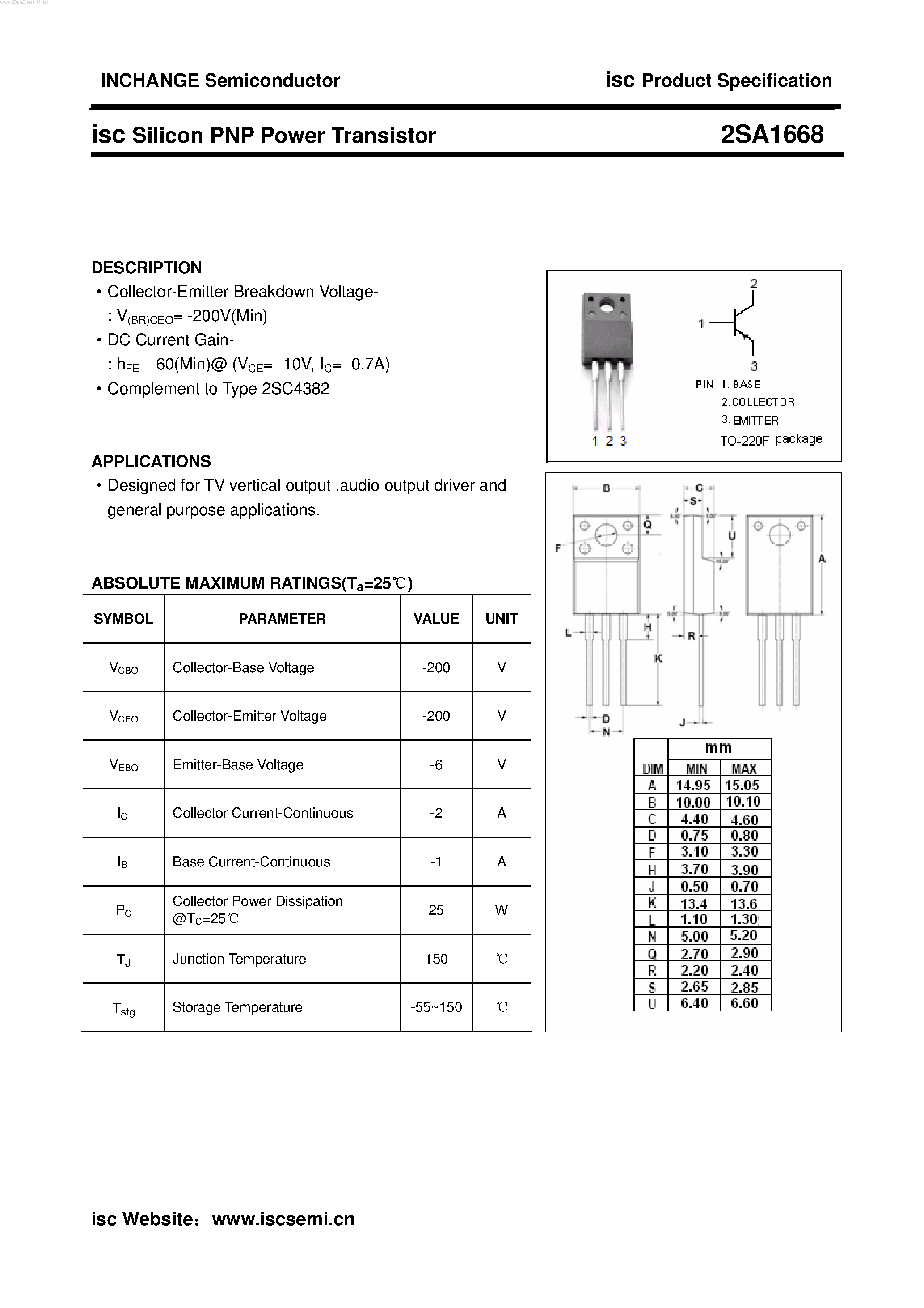 Datasheet 2SA1668 - POWER TRANSISTOR page 1