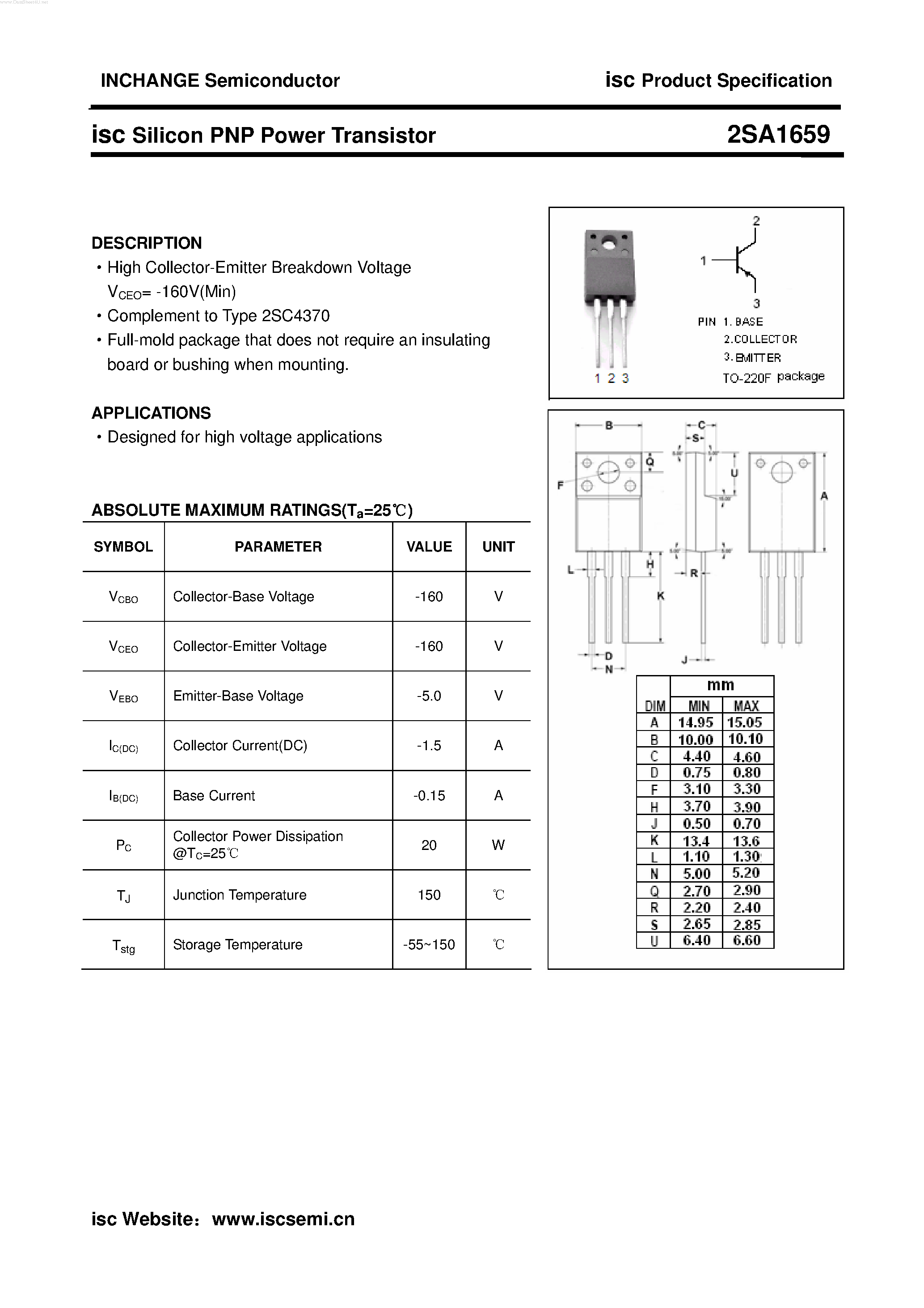 Datasheet 2SA1659 - POWER TRANSISTOR page 1