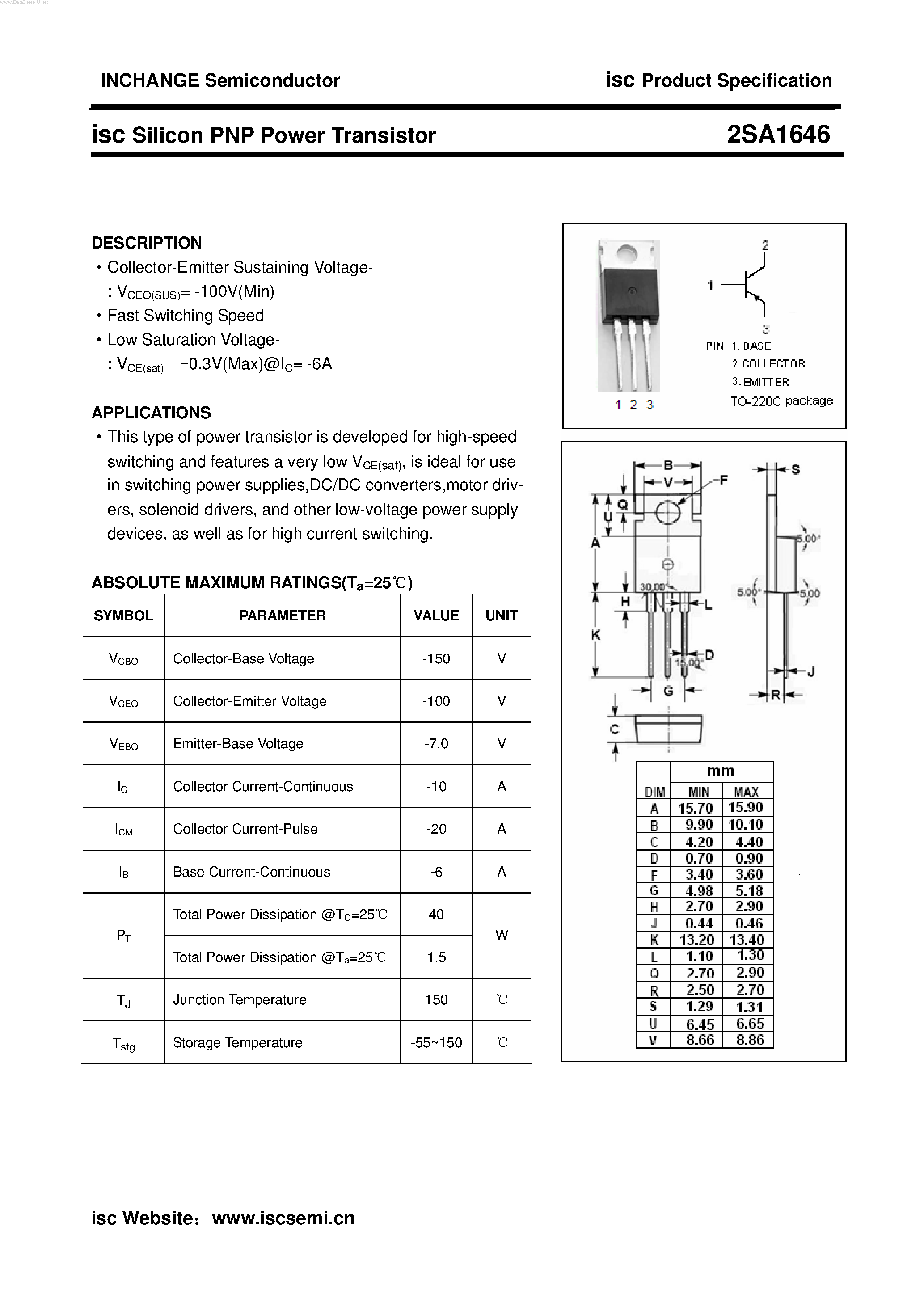 Datasheet 2SA1646 - POWER TRANSISTOR page 1