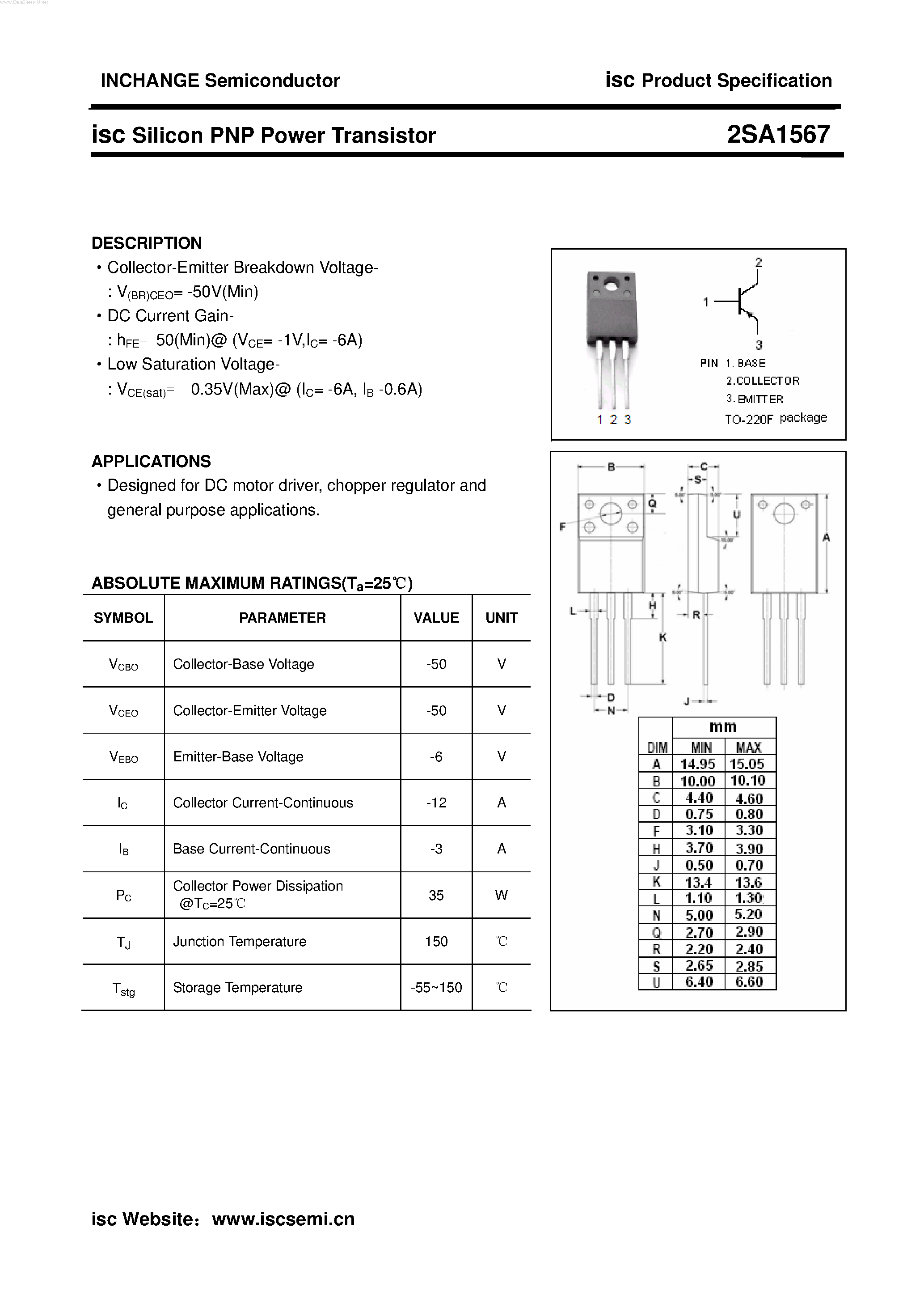 Datasheet 2SA1567 - POWER TRANSISTOR page 1