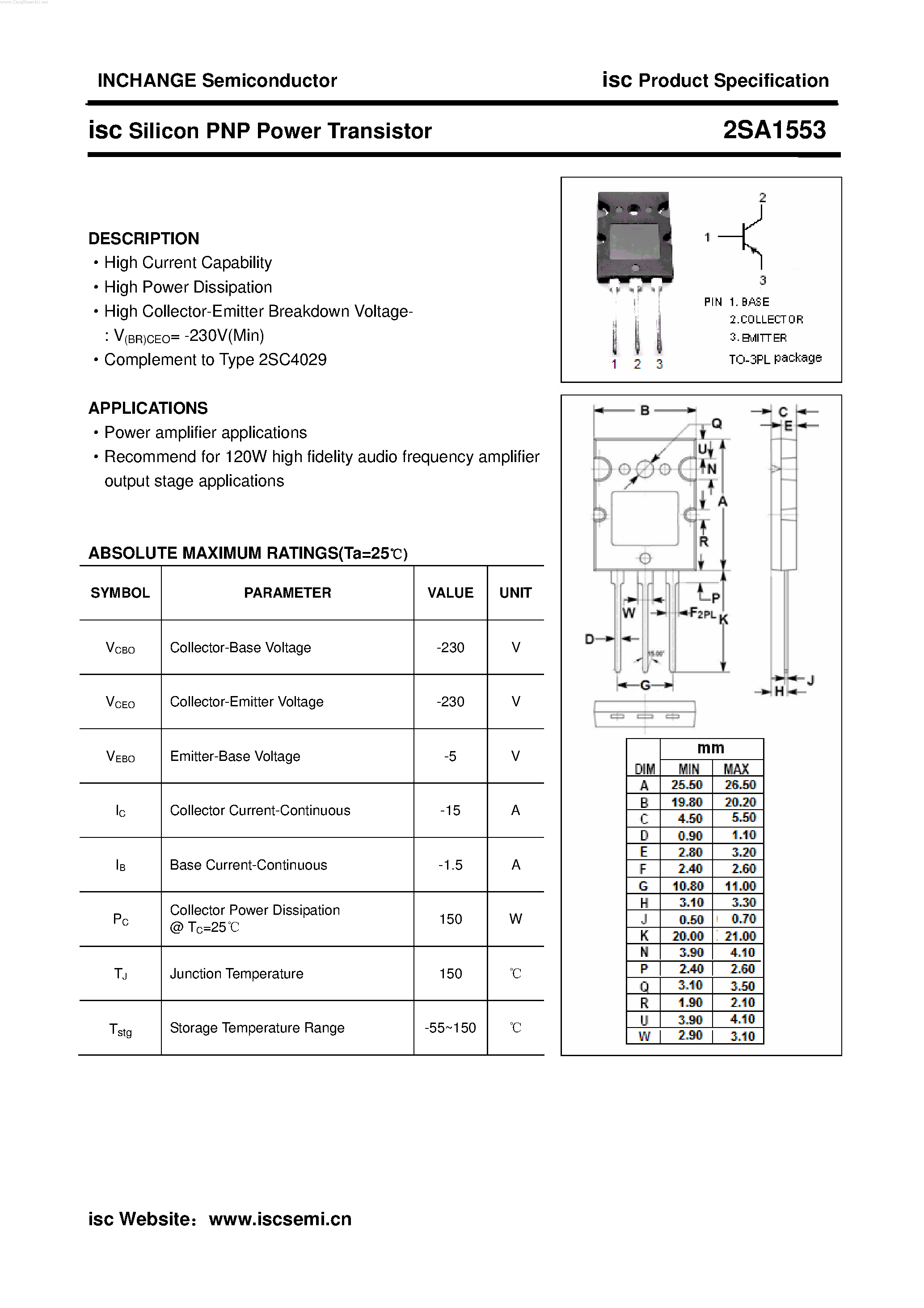Datasheet 2SA1553 - POWER TRANSISTOR page 1