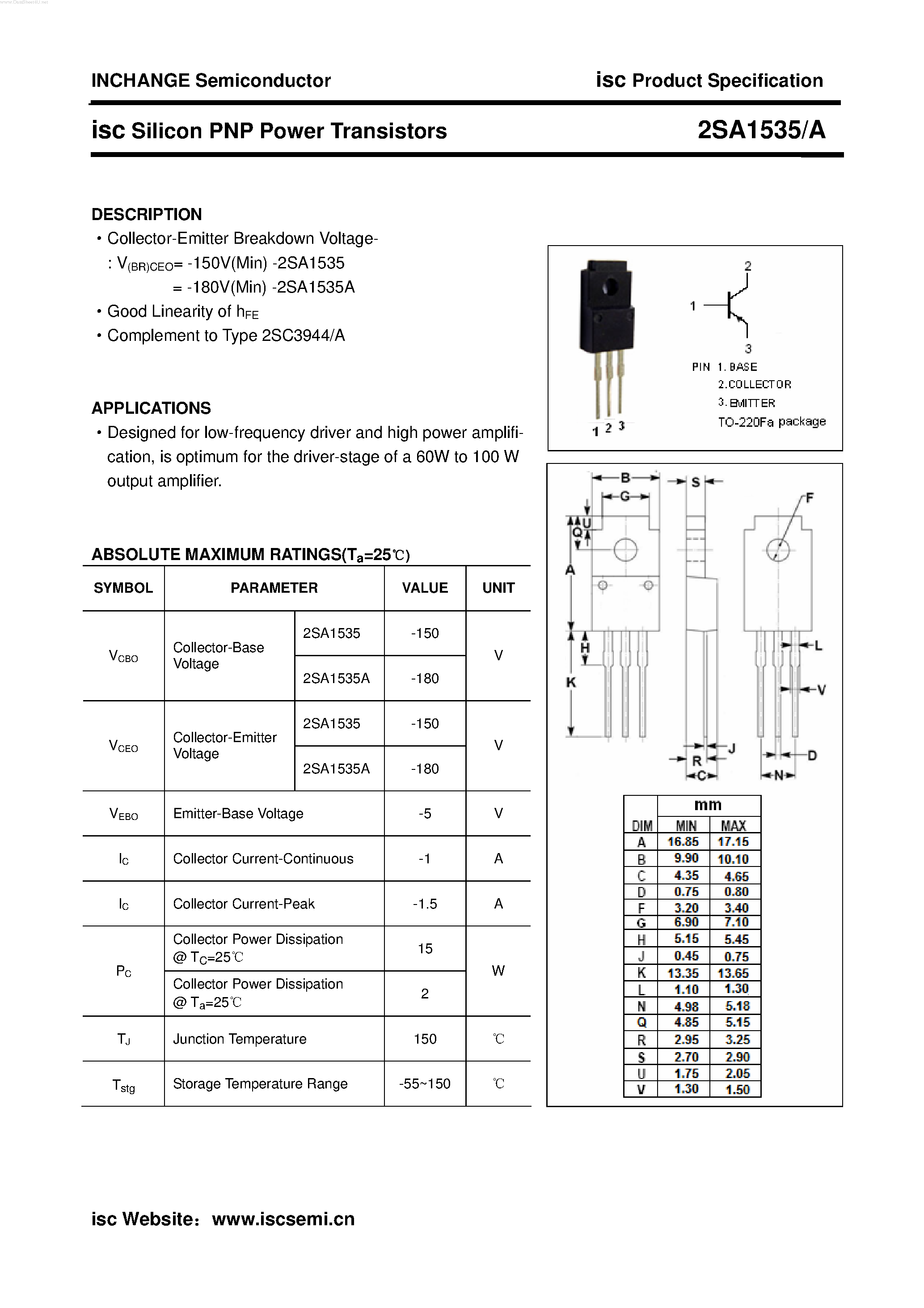 Datasheet 2SA1535A - POWER TRANSISTOR page 1