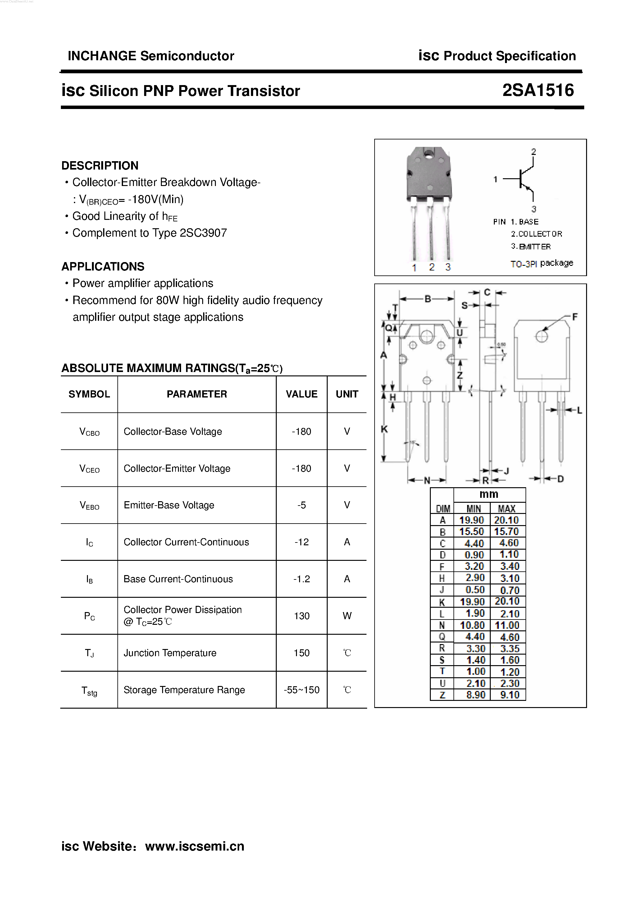 Datasheet 2SA1516 - POWER TRANSISTOR page 1