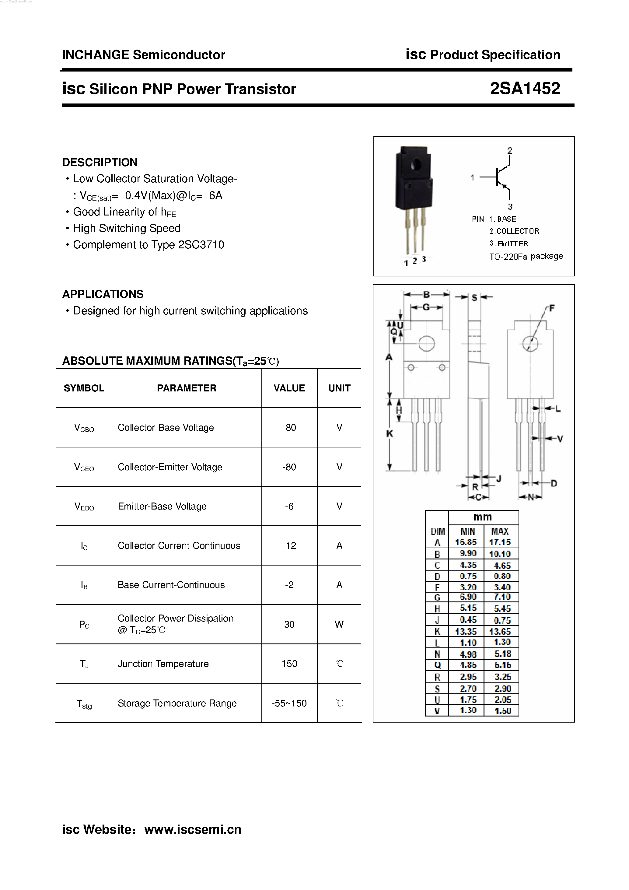 Datasheet 2SA1452 page 1 Datasheet 2SA1452 - POWER TRANSISTOR page 1