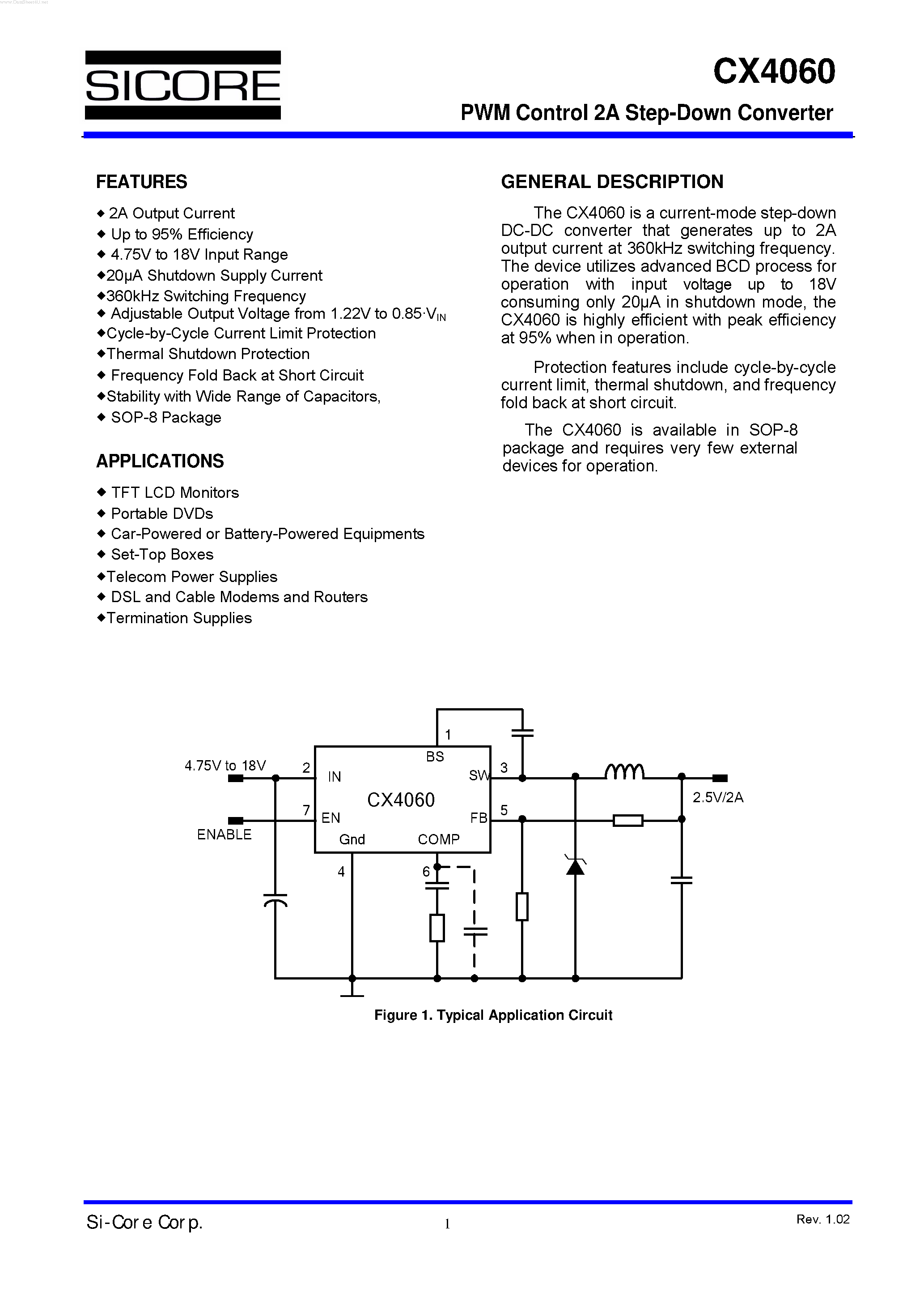 Даташит на микросхему CX4060 страница 1 Даташит CX4060 - PWM Control 2A Step-Down Converter страница 1
