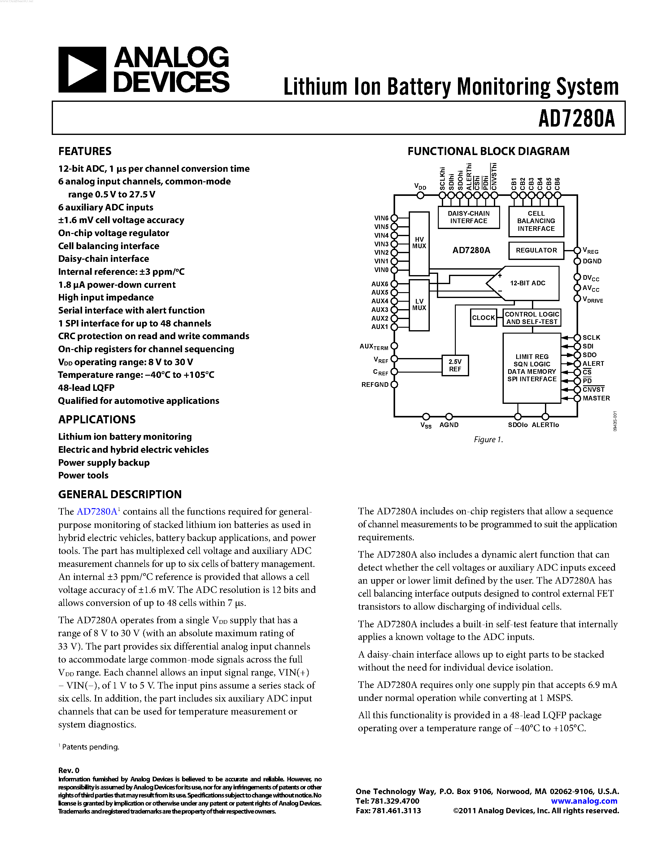 Datasheet AD7280A page 1 Datasheet AD7280A - Lithium Ion Battery Monitoring System Cell balancing interface page 1