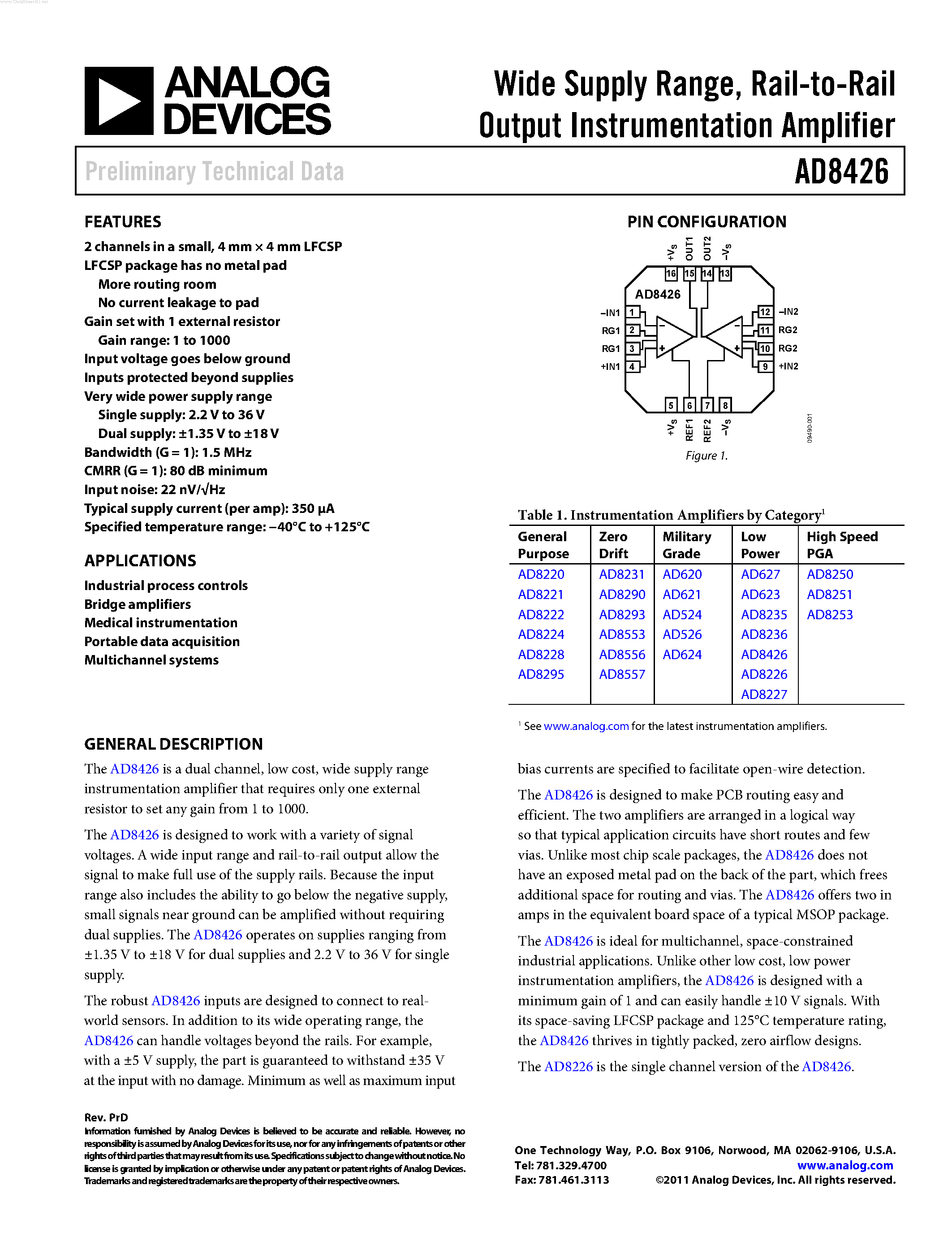 Datasheet AD8426 - Rail-to-Rail Output Instrumentation Amplifier page 1