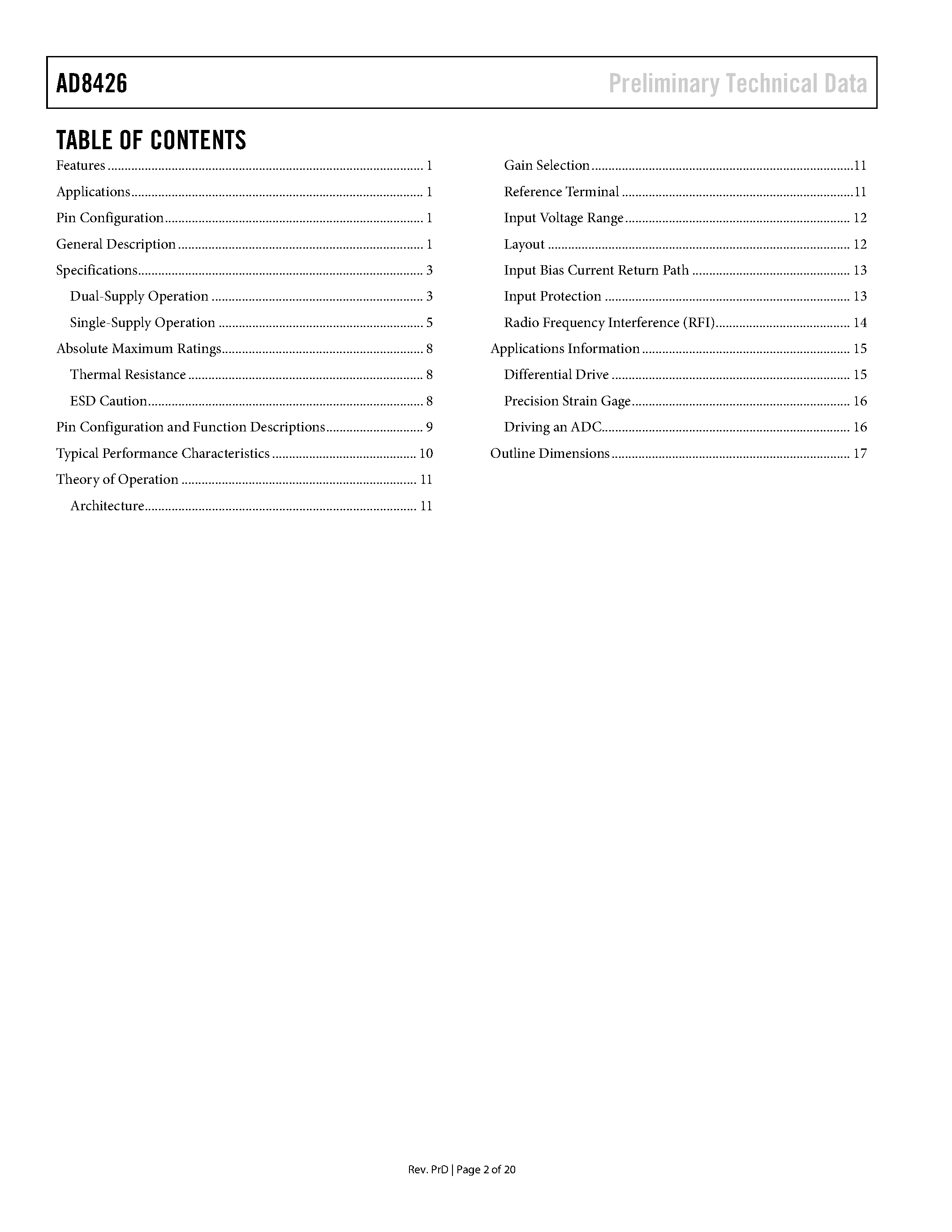 Datasheet AD8426 - Rail-to-Rail Output Instrumentation Amplifier page 2