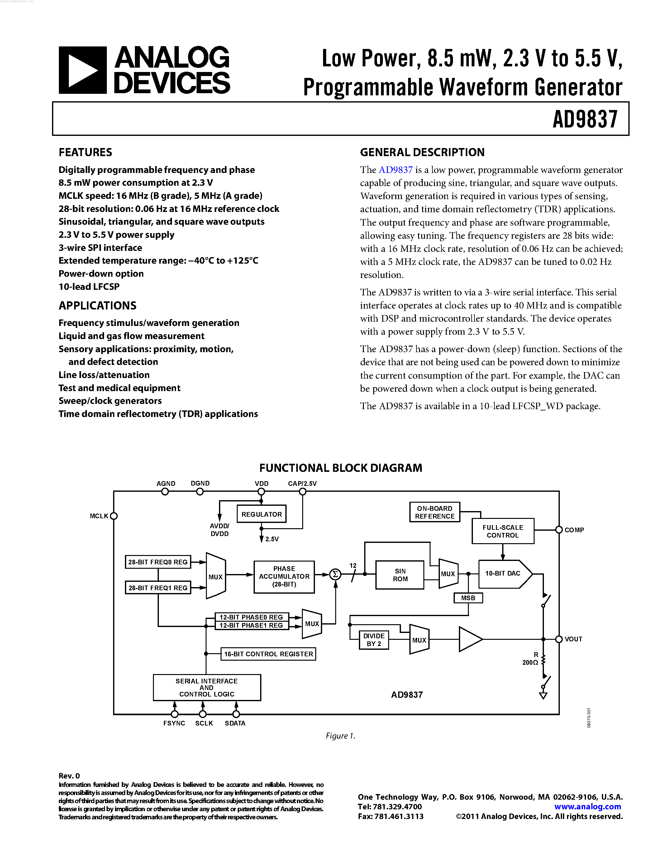 Datasheet AD9837 page 1 Datasheet AD9837 - Programmable Waveform Generator page 1