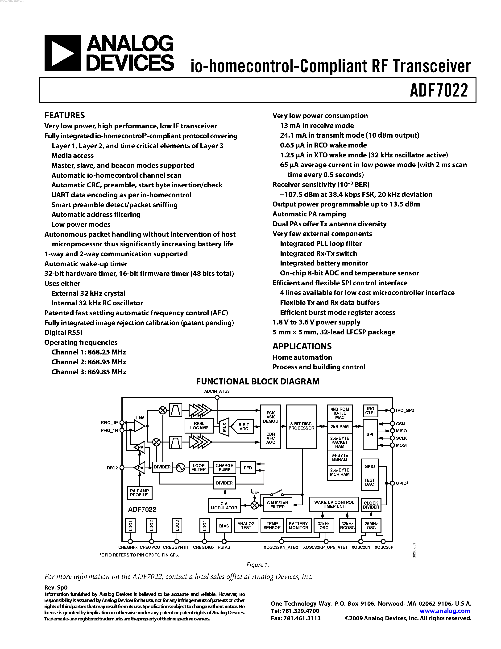 Даташит ADF7022 - io-homecontrol-Compliant RF Transceiver страница 1