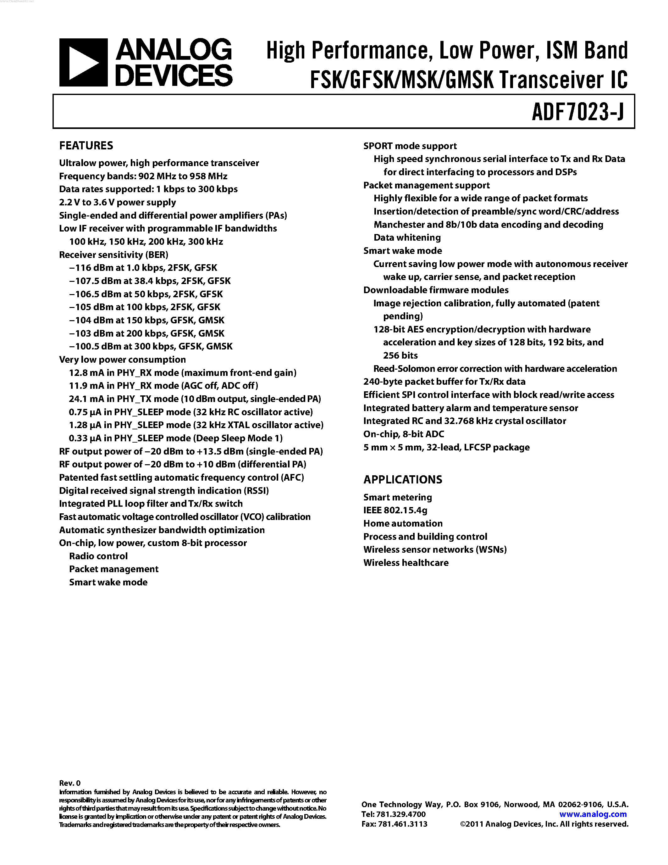 Даташит ADF7023-J - ISM Band FSK/GFSK/MSK/GMSK Transceiver IC страница 1