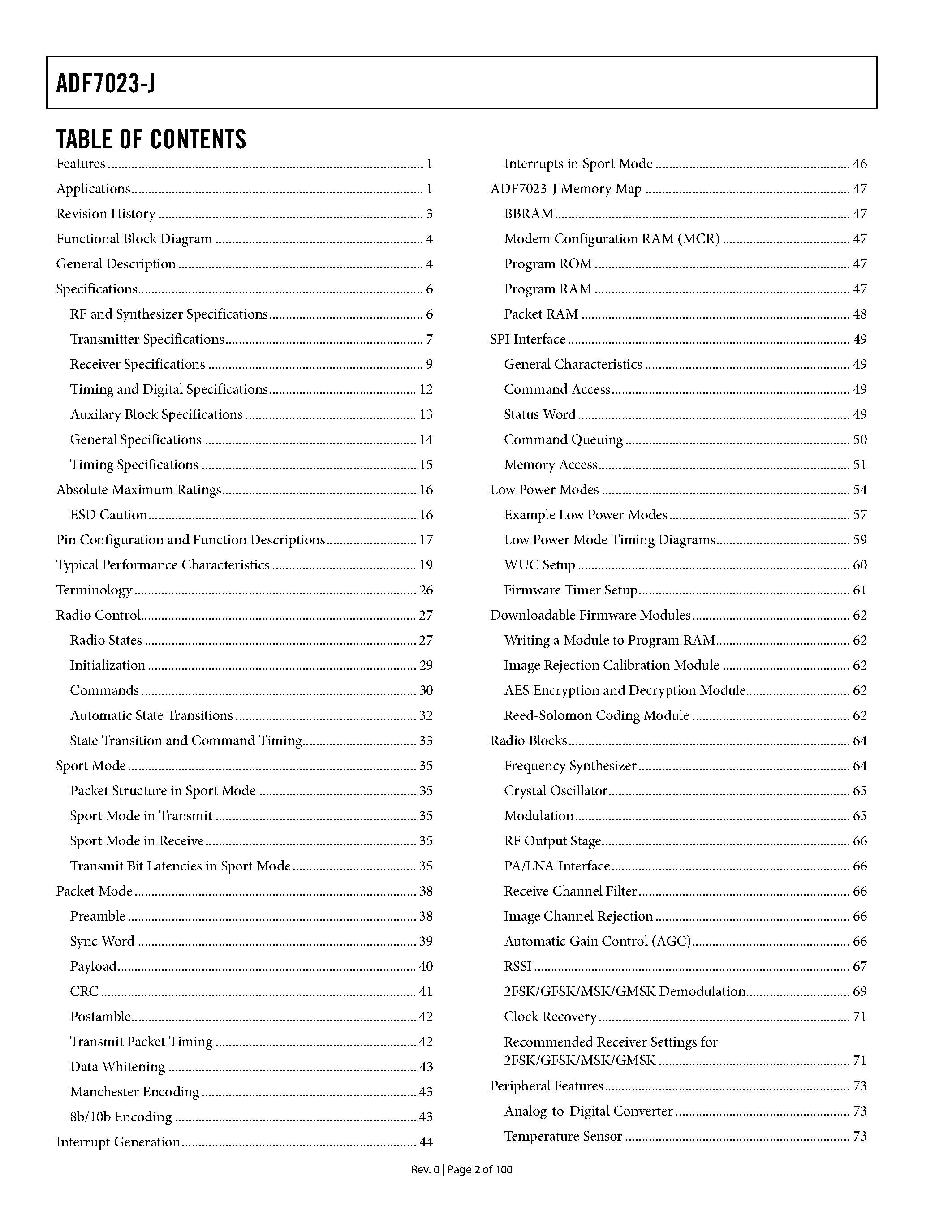 Даташит ADF7023-J - ISM Band FSK/GFSK/MSK/GMSK Transceiver IC страница 2