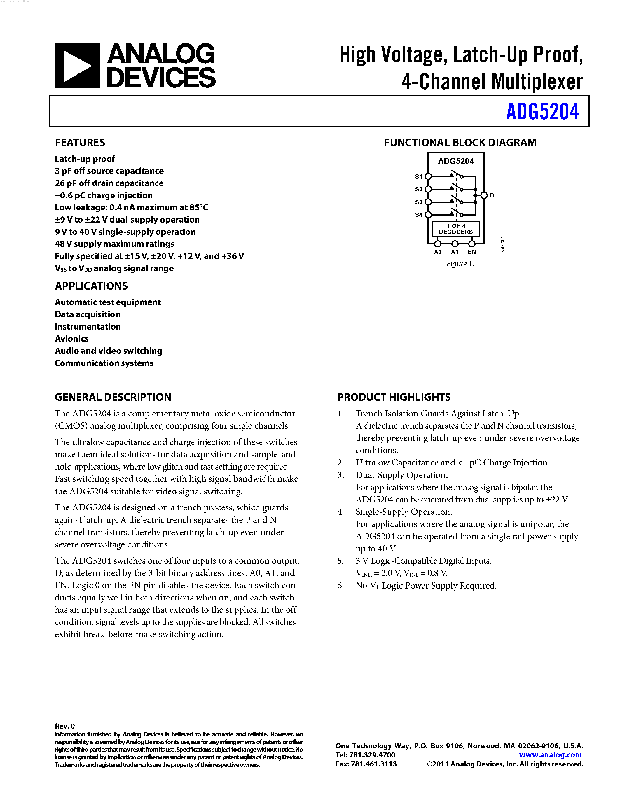 Datasheet ADG5204 - 4-Channel Multiplexer page 1