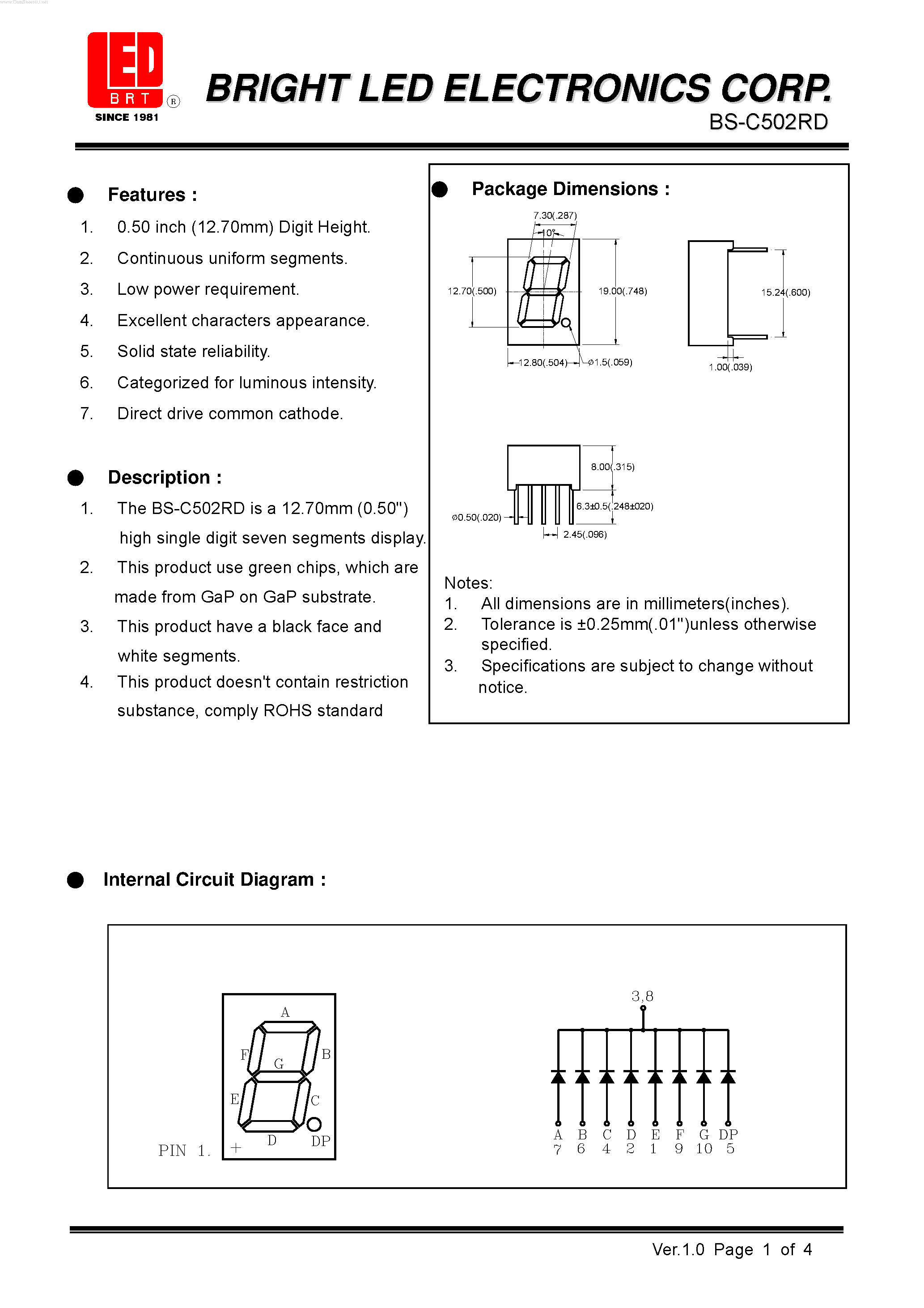 Datasheet BS-C502RD page 1 Datasheet BS-C502RD - 12.70mm (0.50) high single digit seven segments display page 1