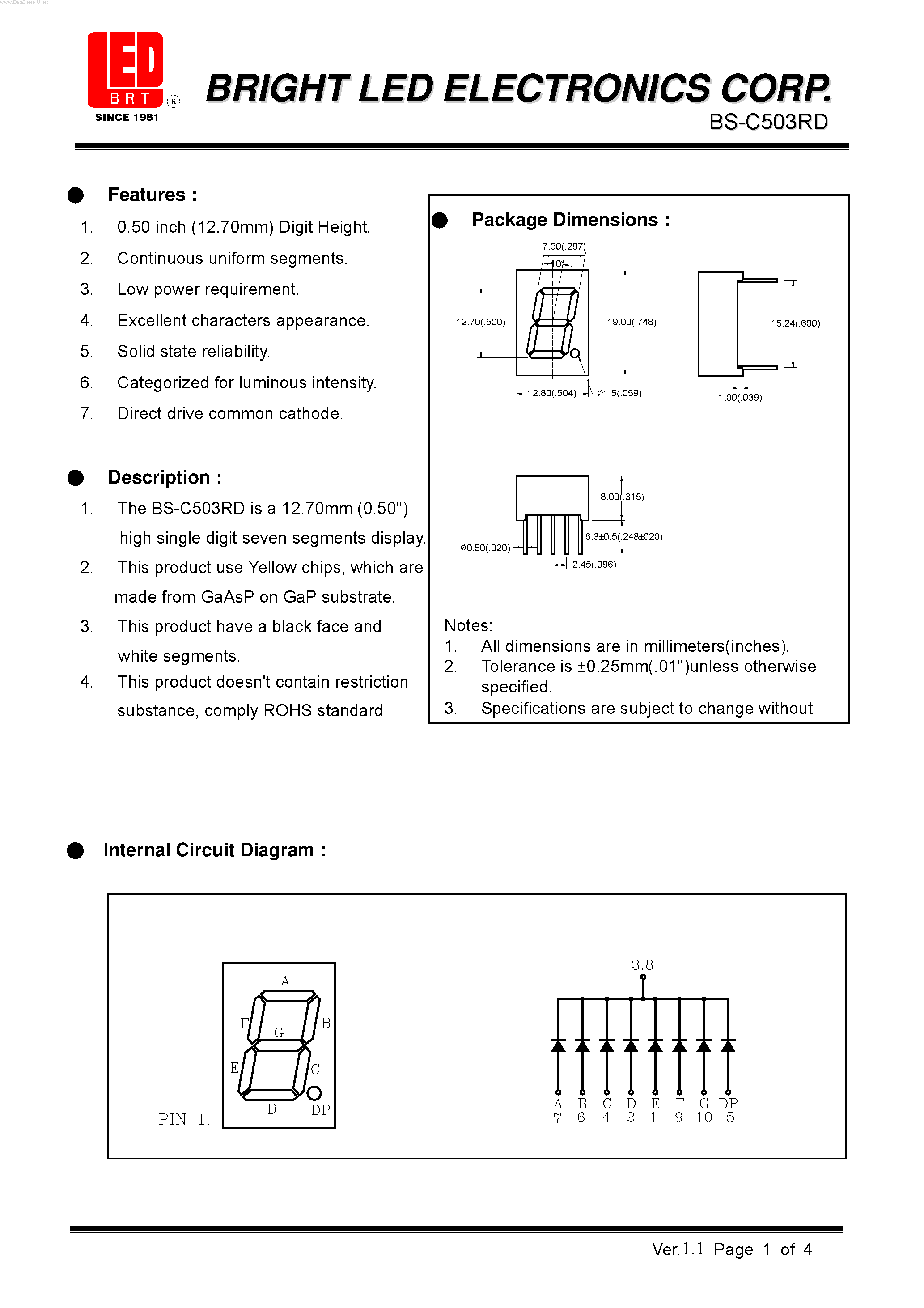 Datasheet BS-C503RD page 1 Datasheet BS-C503RD - 12.70mm (0.50) high single digit seven segments display page 1