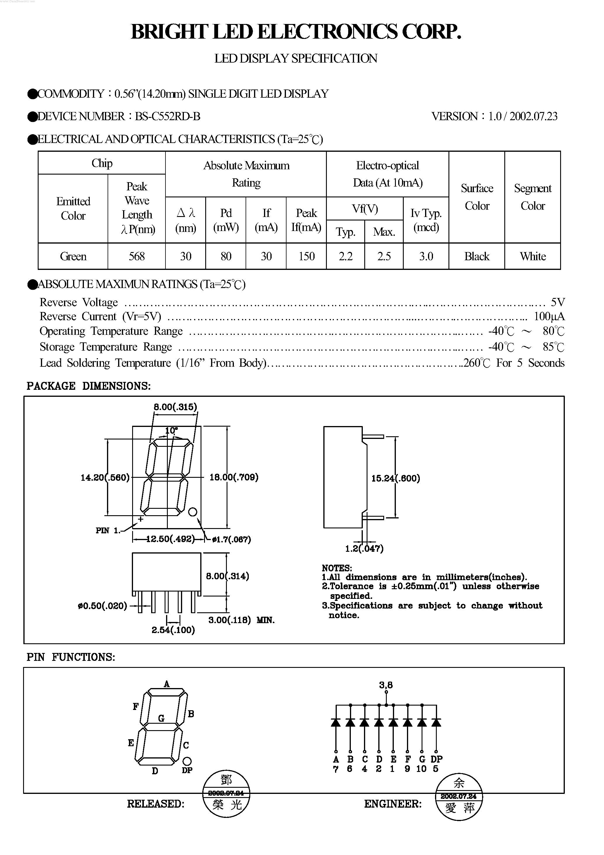 Даташит на микросхему BS-C552RD-B страница 1 Даташит BS-C552RD-B - digit segments display страница 1