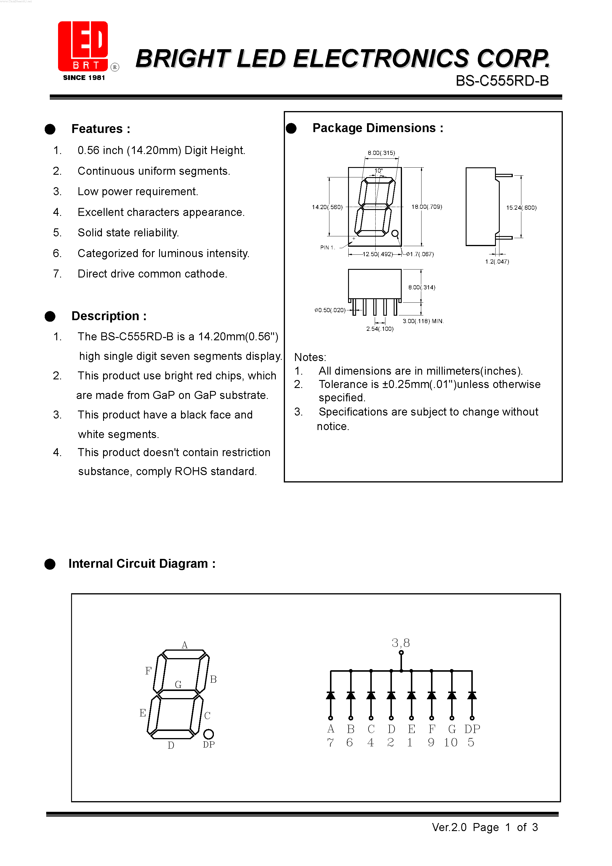 Даташит на микросхему BS-C555RD-B страница 1 Даташит BS-C555RD-B - digit segments display страница 1