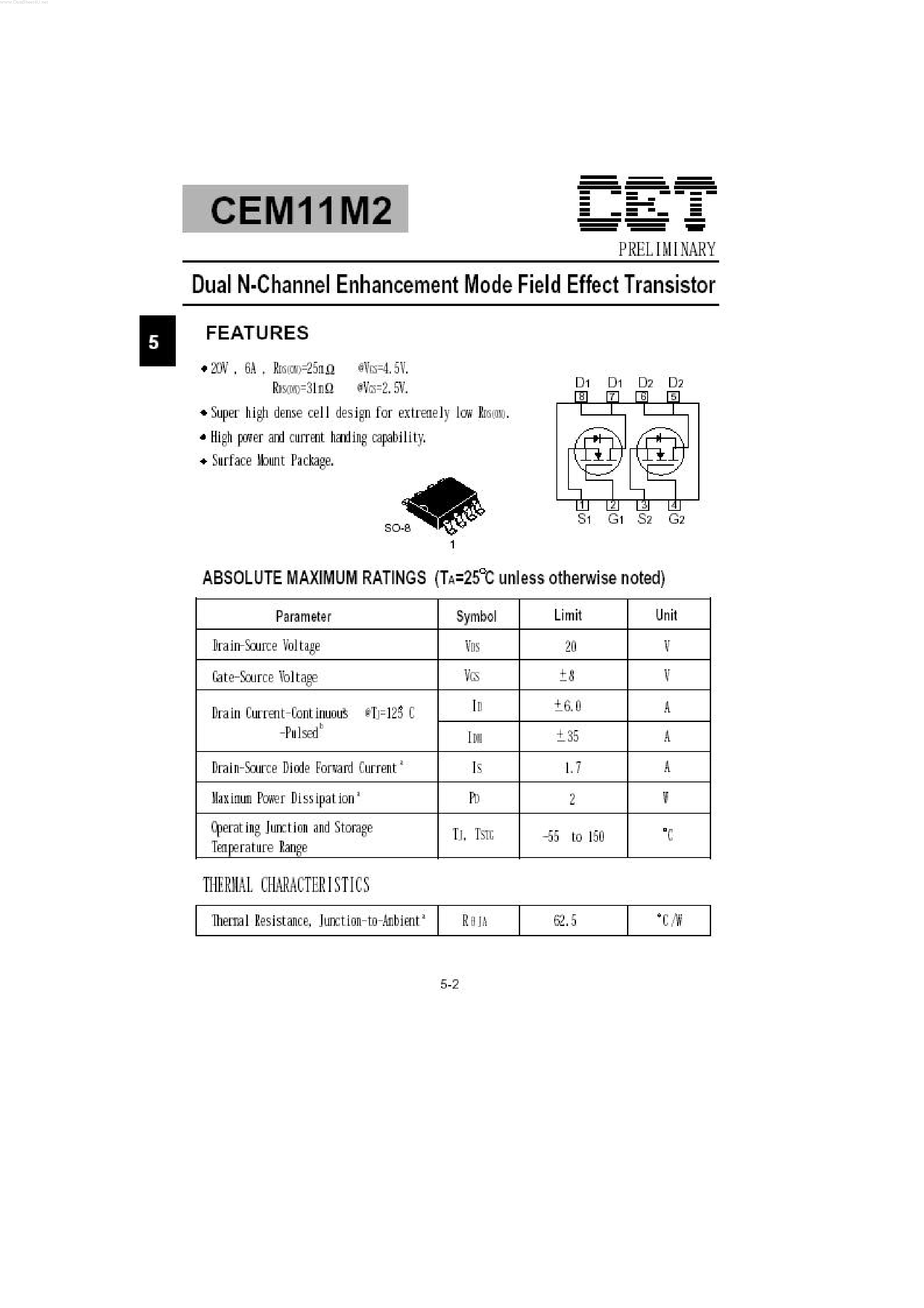 Datasheet CEM11M2 - Dual N-Channel Enhancement Mode Field Effect Transistor page 1