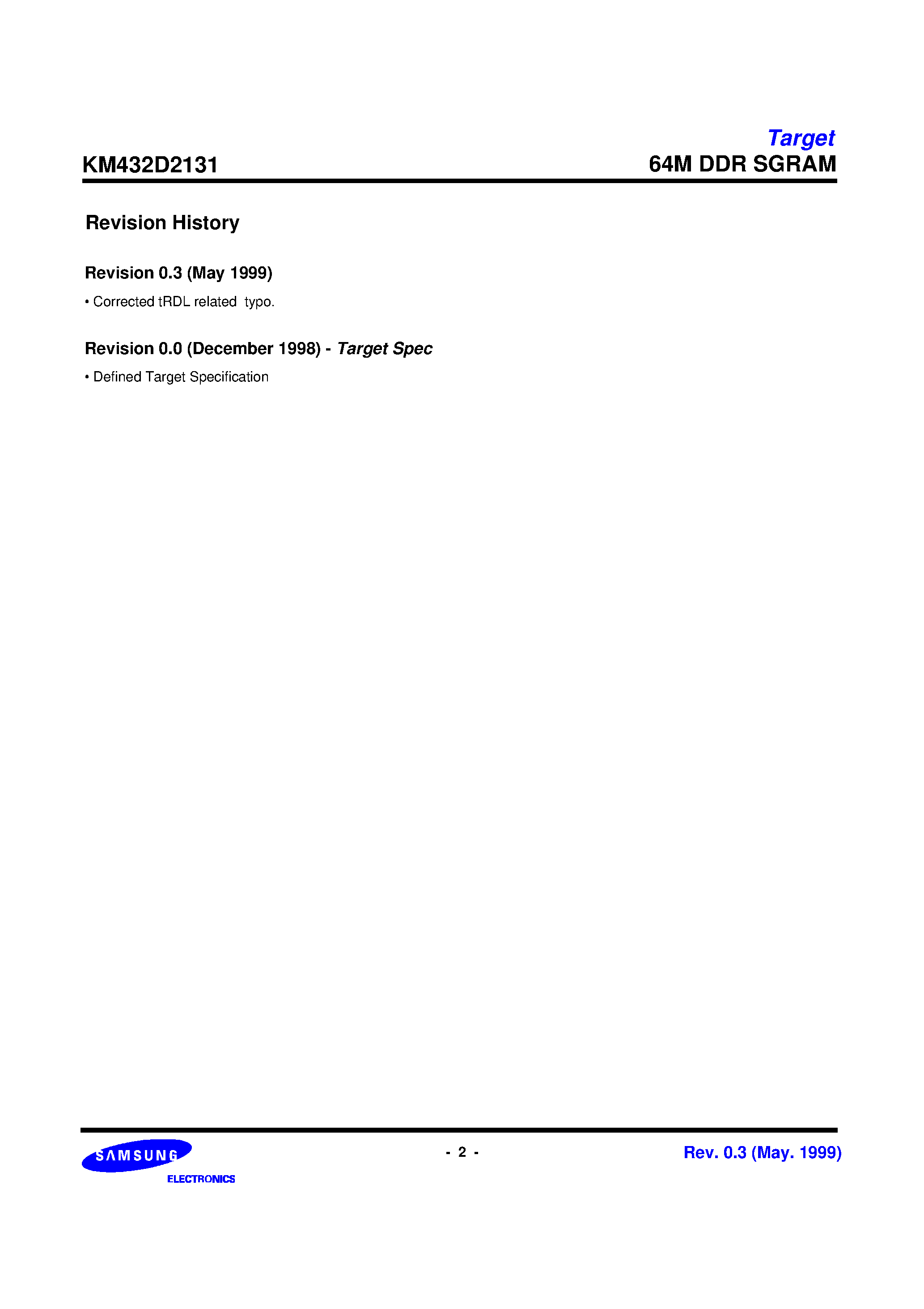 Datasheet KM432D2131 page 2 Datasheet KM432D2131 - 512K X 32Bit X 4 Banks Double Data Rate Synchronous Graphic RAM page 2