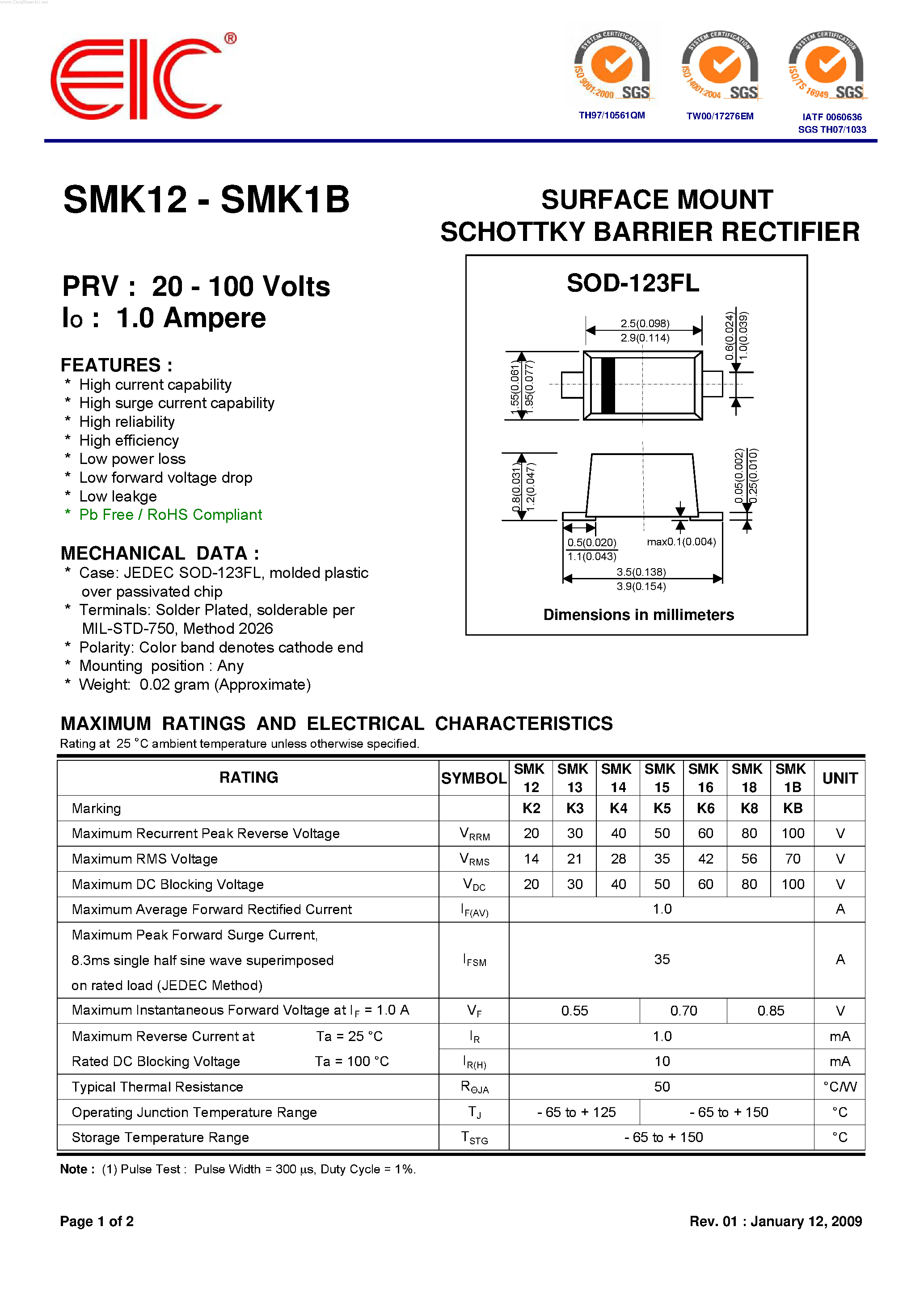 Datasheet SMK12 page 1 Datasheet SMK12 - (SMK12 - SMK1B) SURFACE MOUNT SCHOTTKY BARRIER RECTIFIER page 1