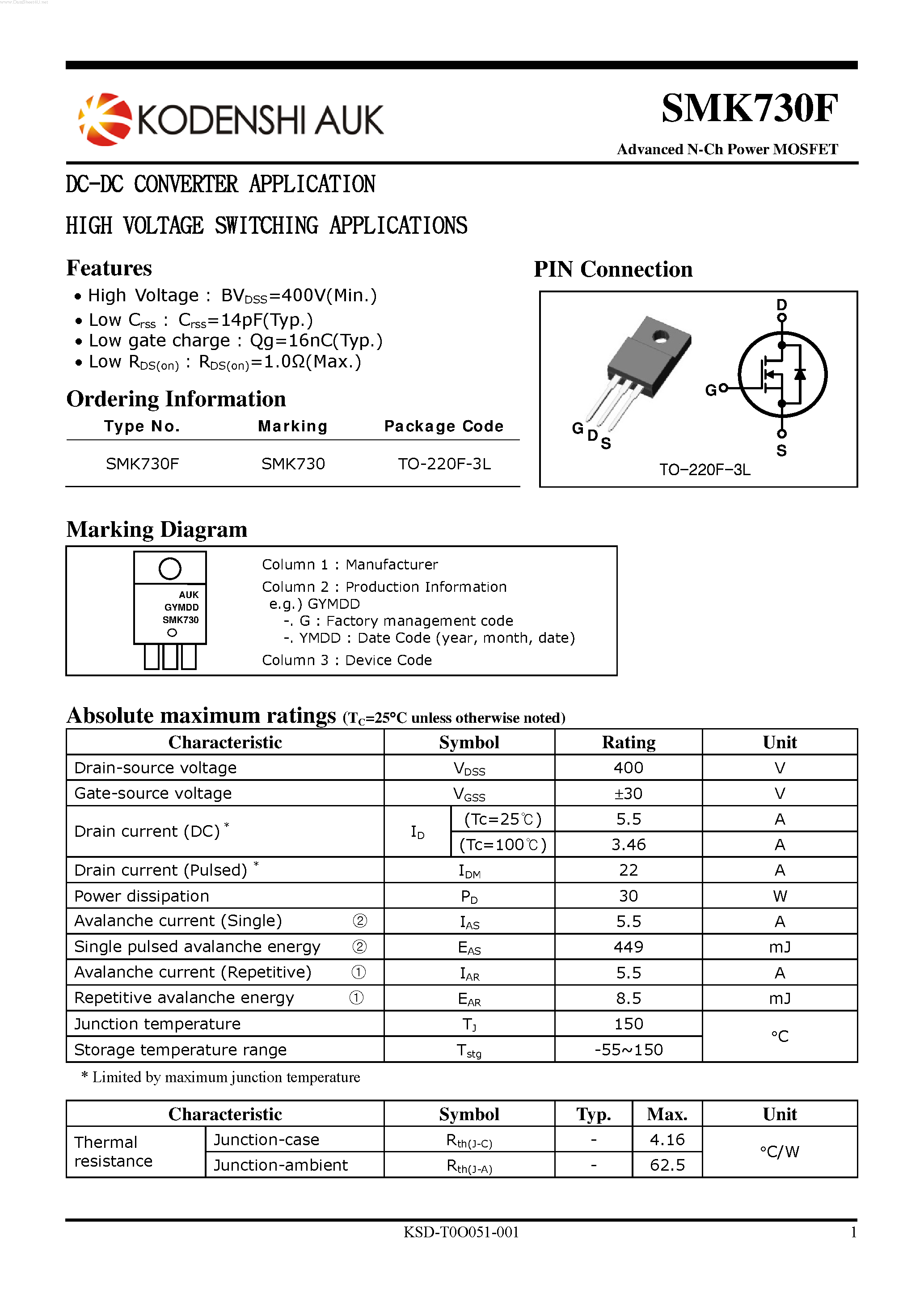 Datasheet SMK730F page 1 Datasheet SMK730F - Advanced N-Ch Power MOSFET page 1