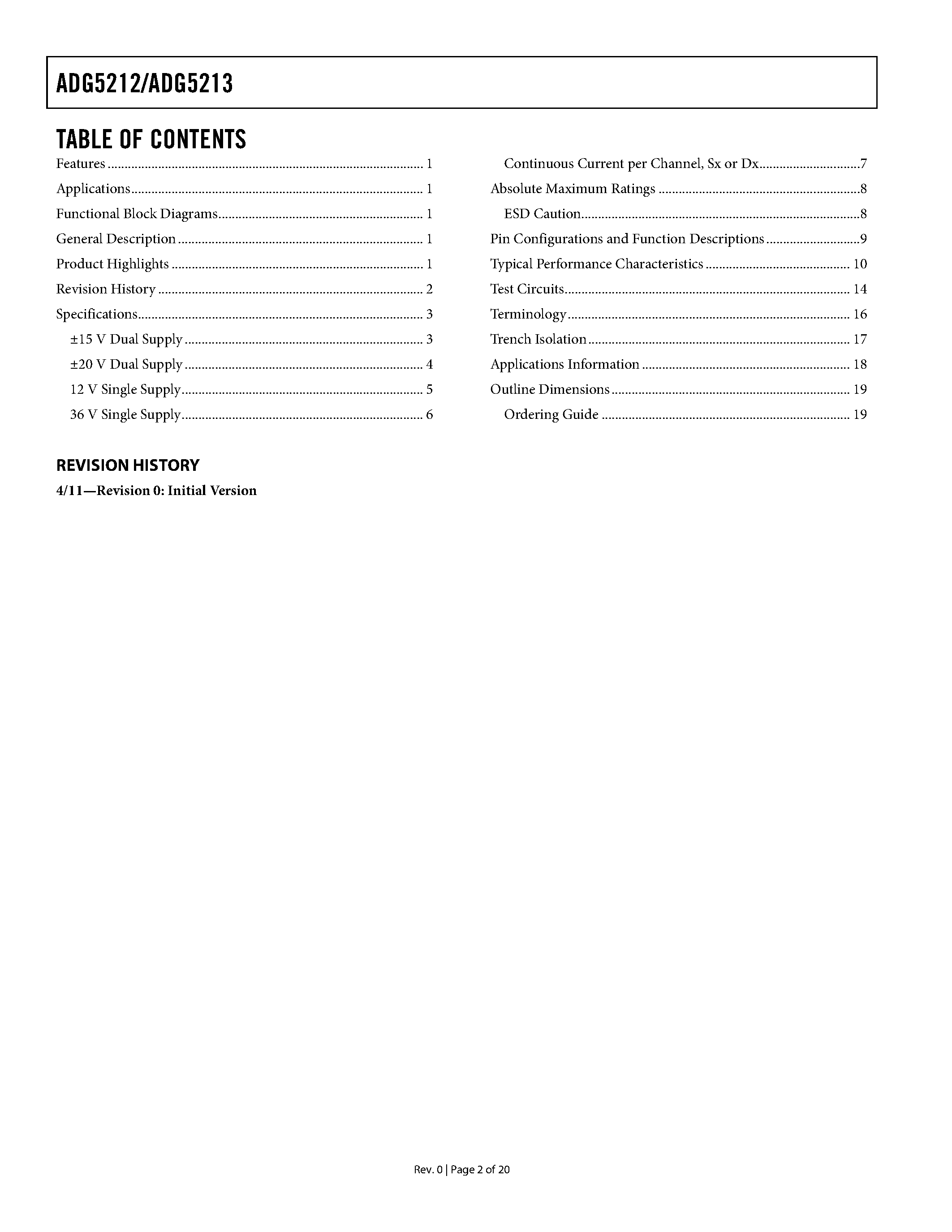 Datasheet ADG5212 page 2 Datasheet ADG5212 - (ADG5212 / ADG5213) Quad SPST Switches page 2