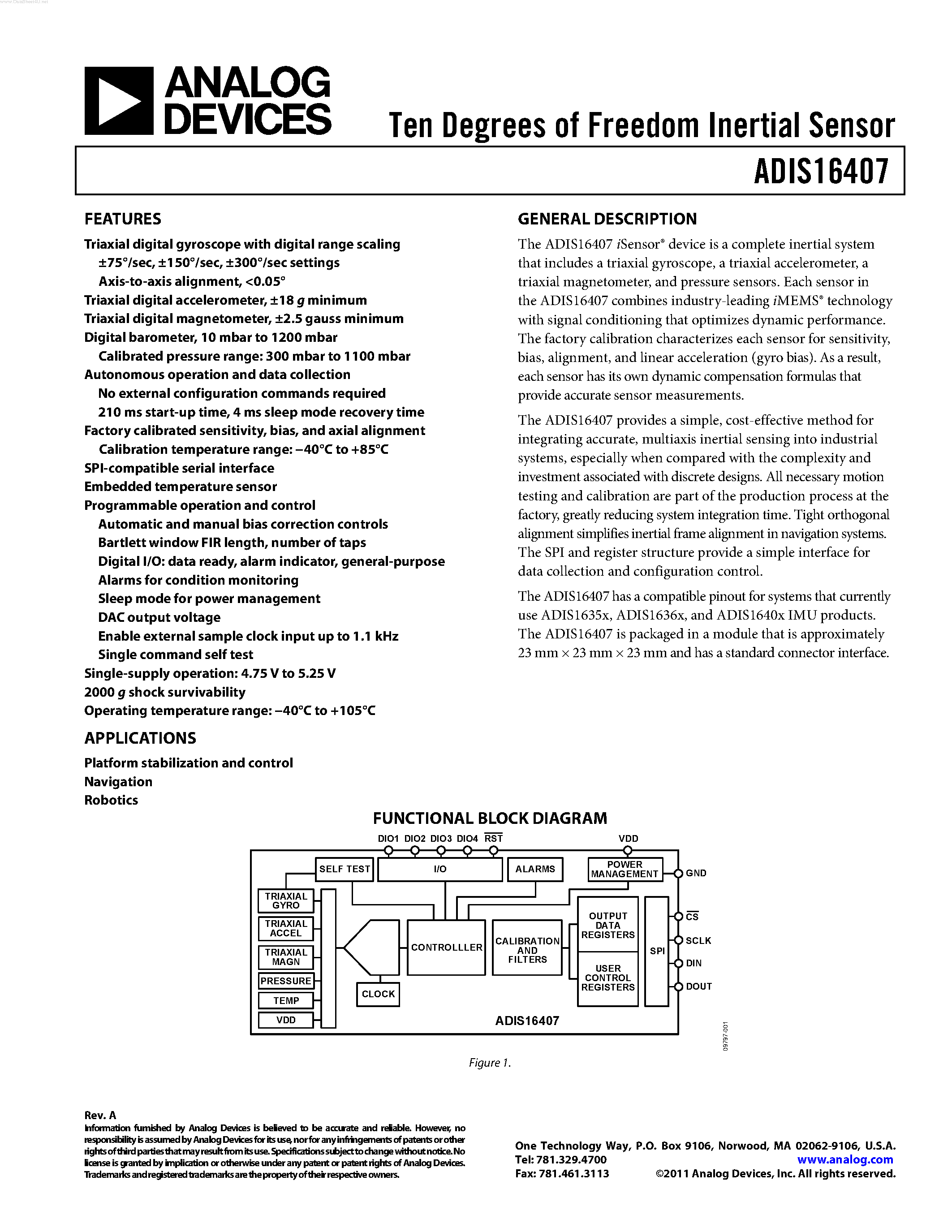 Datasheet ADIS16407 - Ten Degrees of Freedom Inertial Sensor Platform stabilization and control page 1