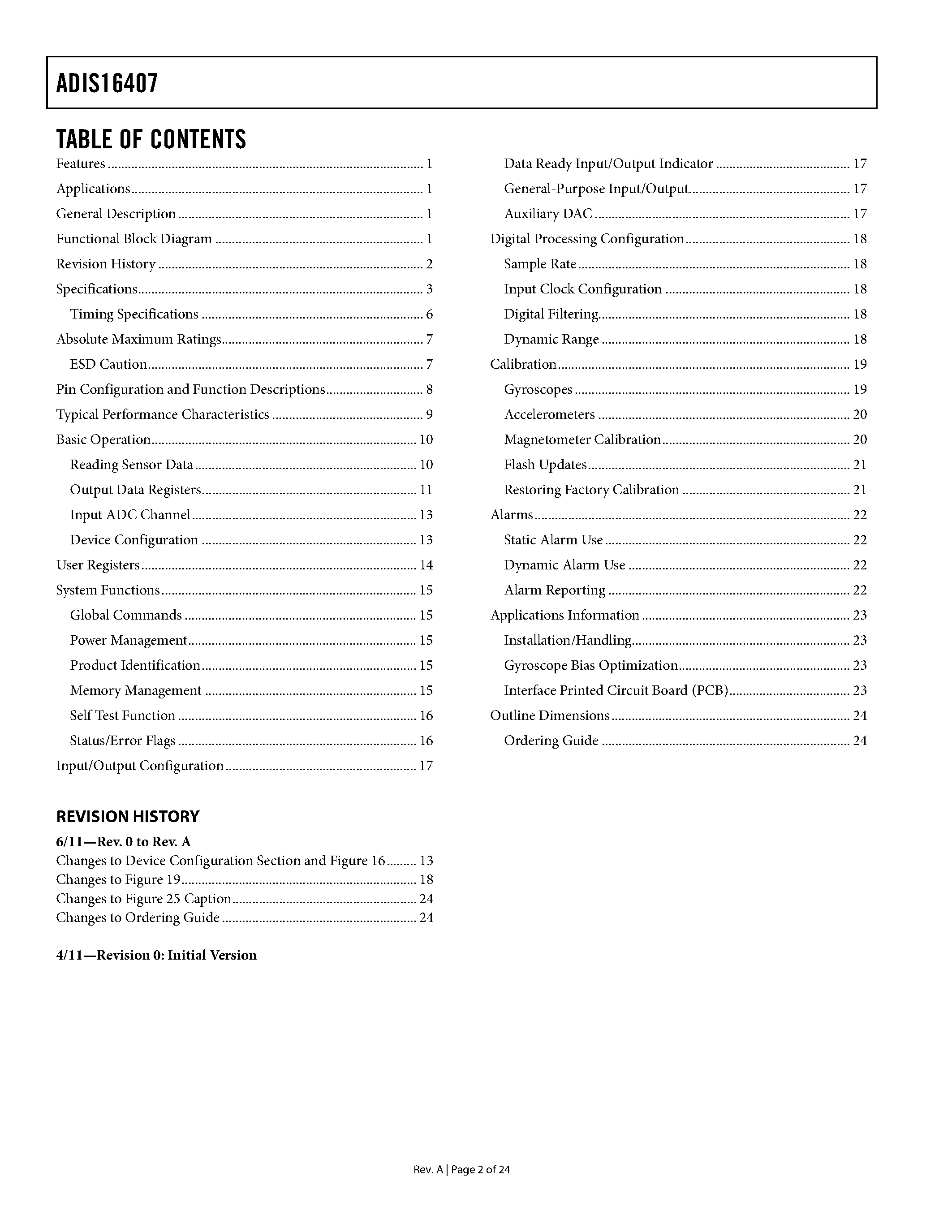 Datasheet ADIS16407 - Ten Degrees of Freedom Inertial Sensor Platform stabilization and control page 2