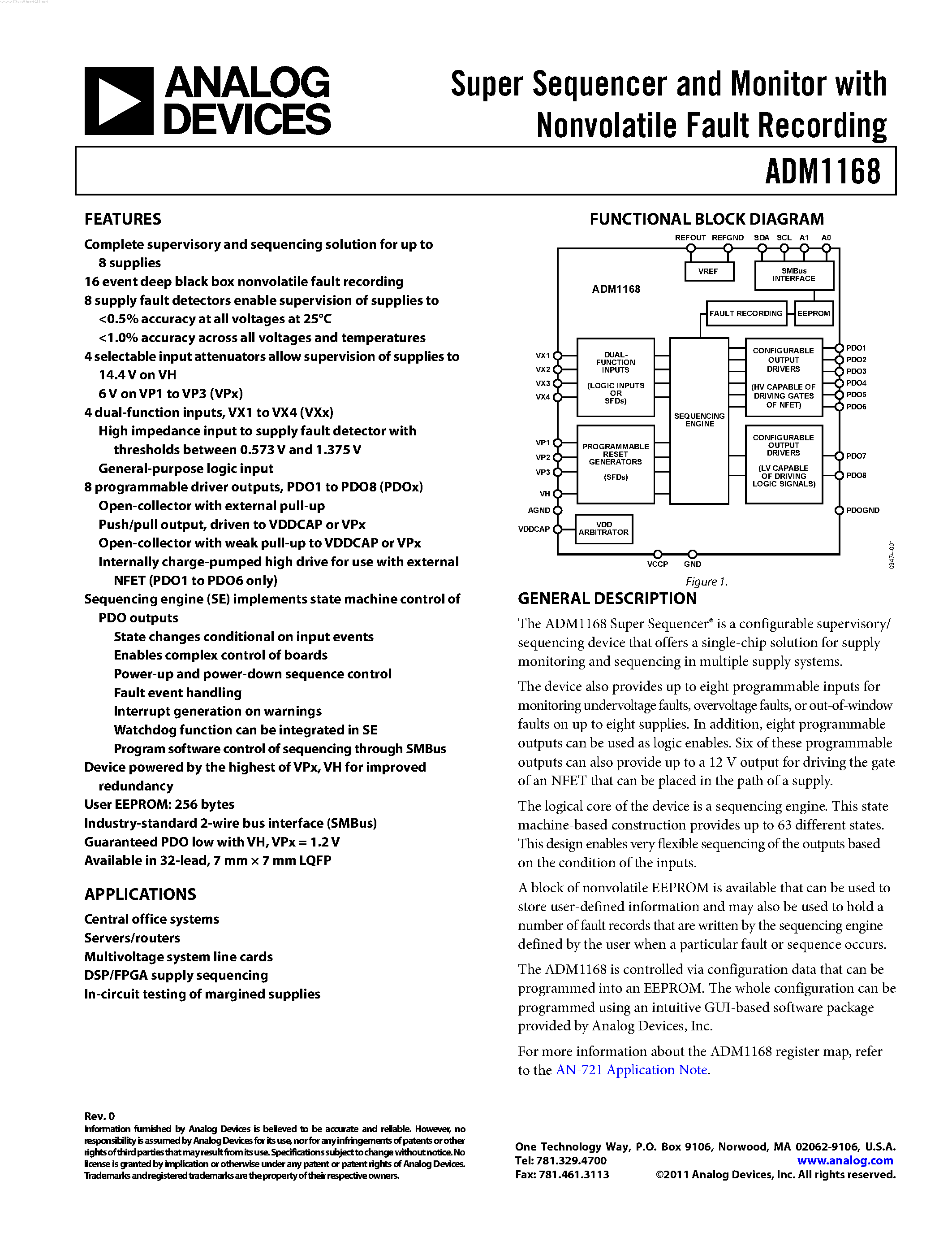 Datasheet ADM1168 page 1 Datasheet ADM1168 - Super Sequencer and Monitor page 1