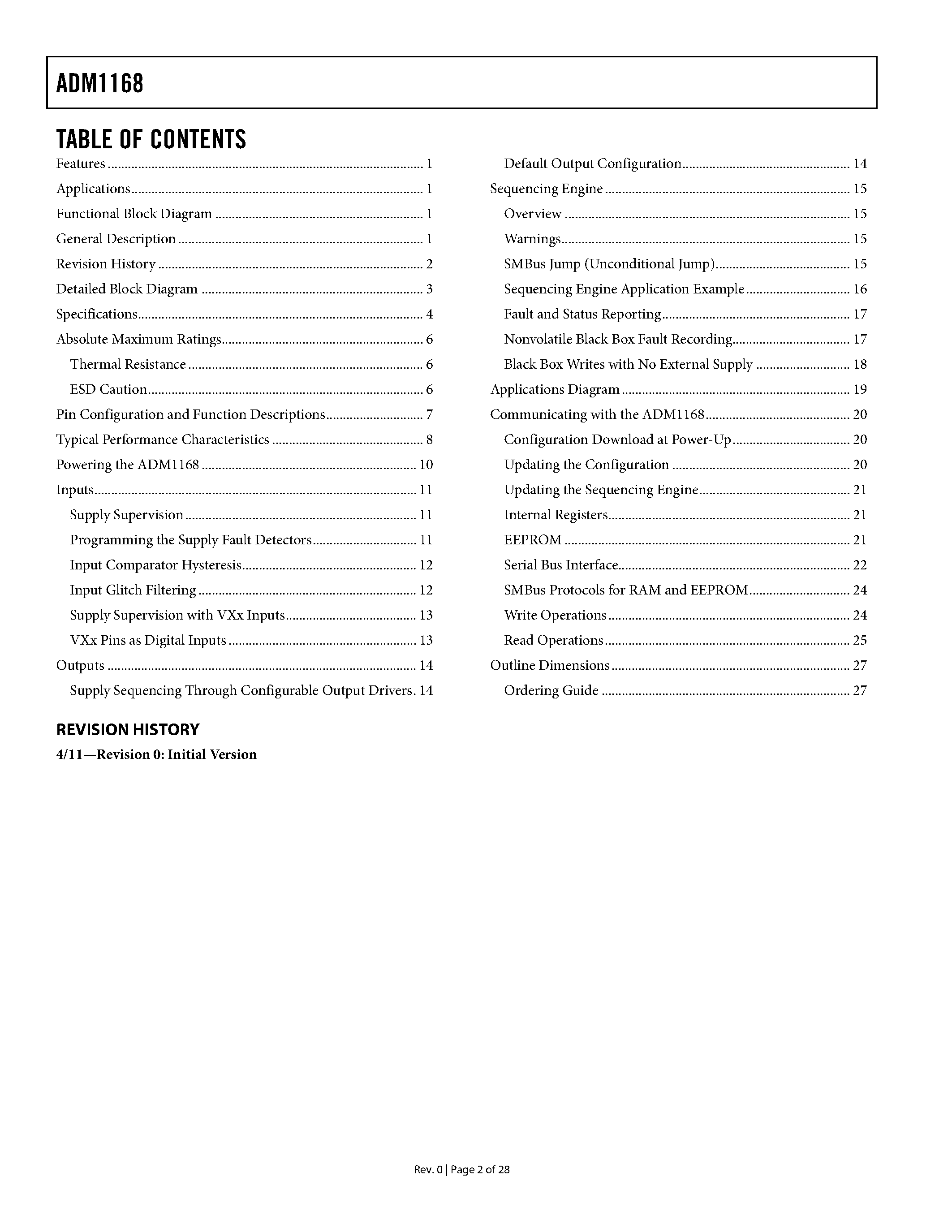 Datasheet ADM1168 page 2 Datasheet ADM1168 - Super Sequencer and Monitor page 2