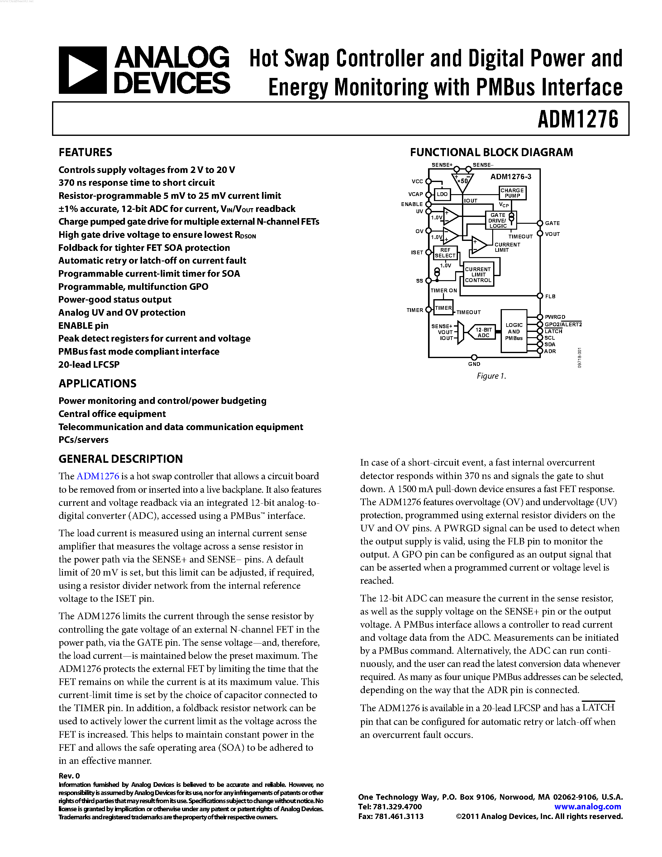 Datasheet ADM1276 page 1 Datasheet ADM1276 - Hot Swap Controller and Digital Power and Energy Monitoring page 1