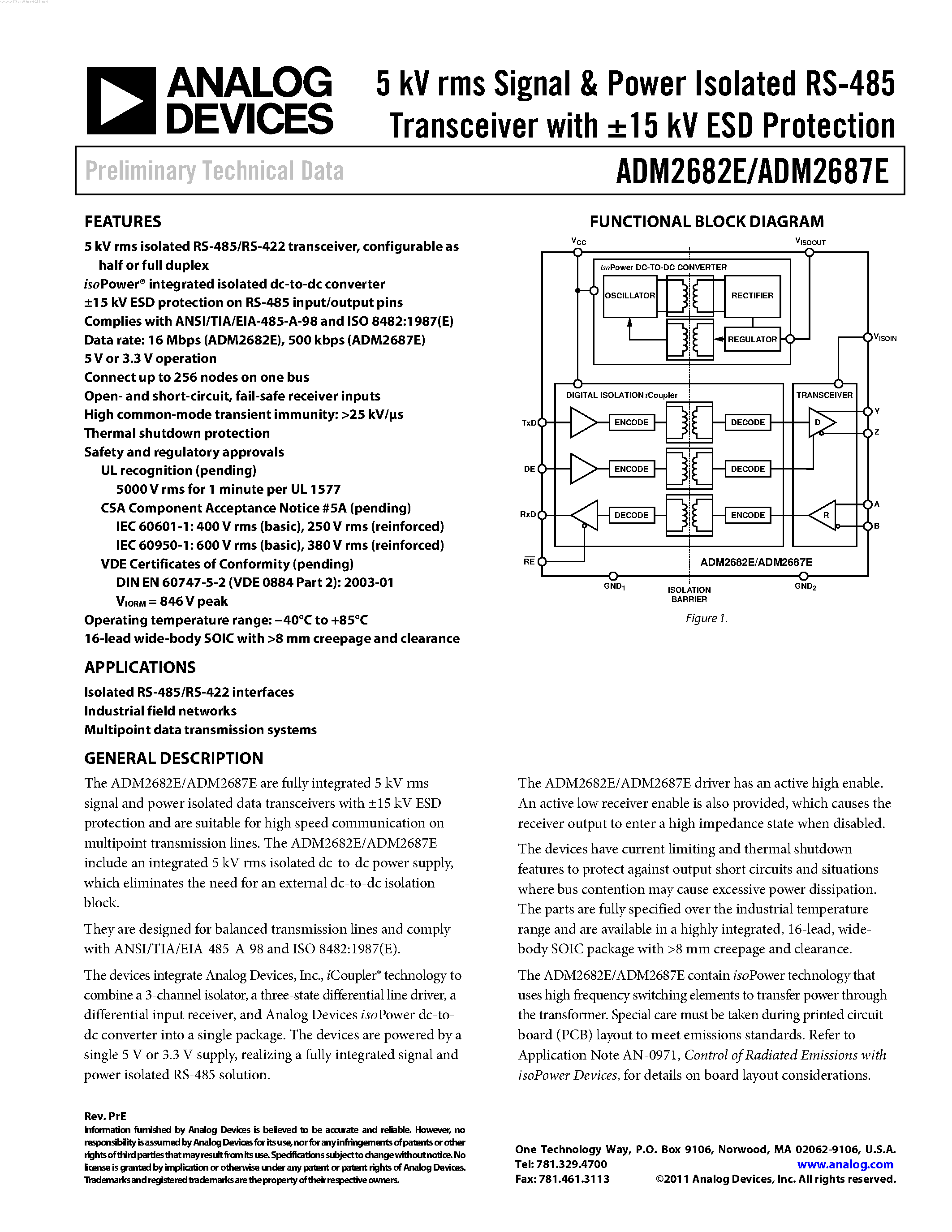 Даташит ADM2682E - (ADM2682E / ADM2687E) 5 kV rms Signal & Power Isolated RS-485 Transceiver страница 1