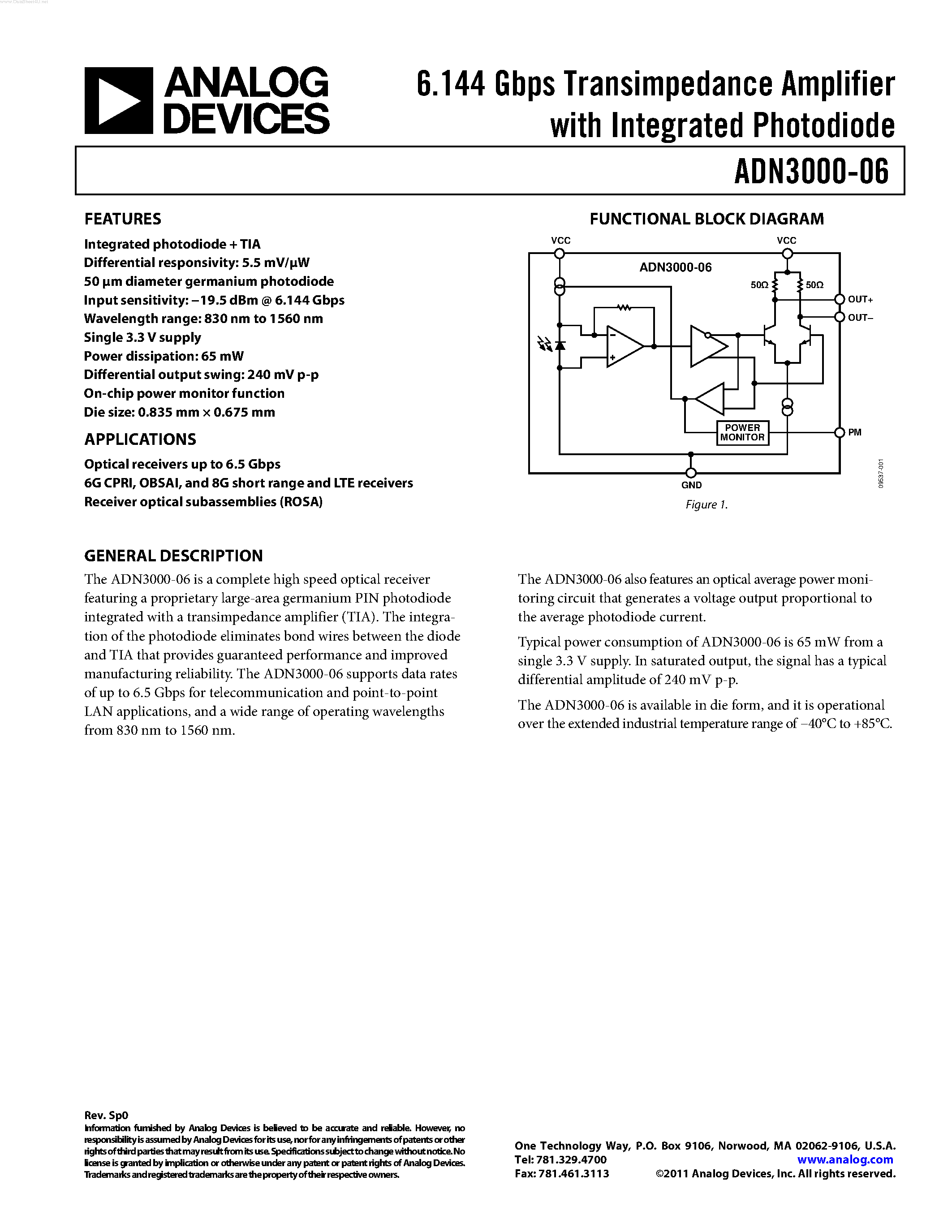 Datasheet ADN3000-06 page 1 Datasheet ADN3000-06 - 6.144 Gbps Transimpedance Amplifier page 1